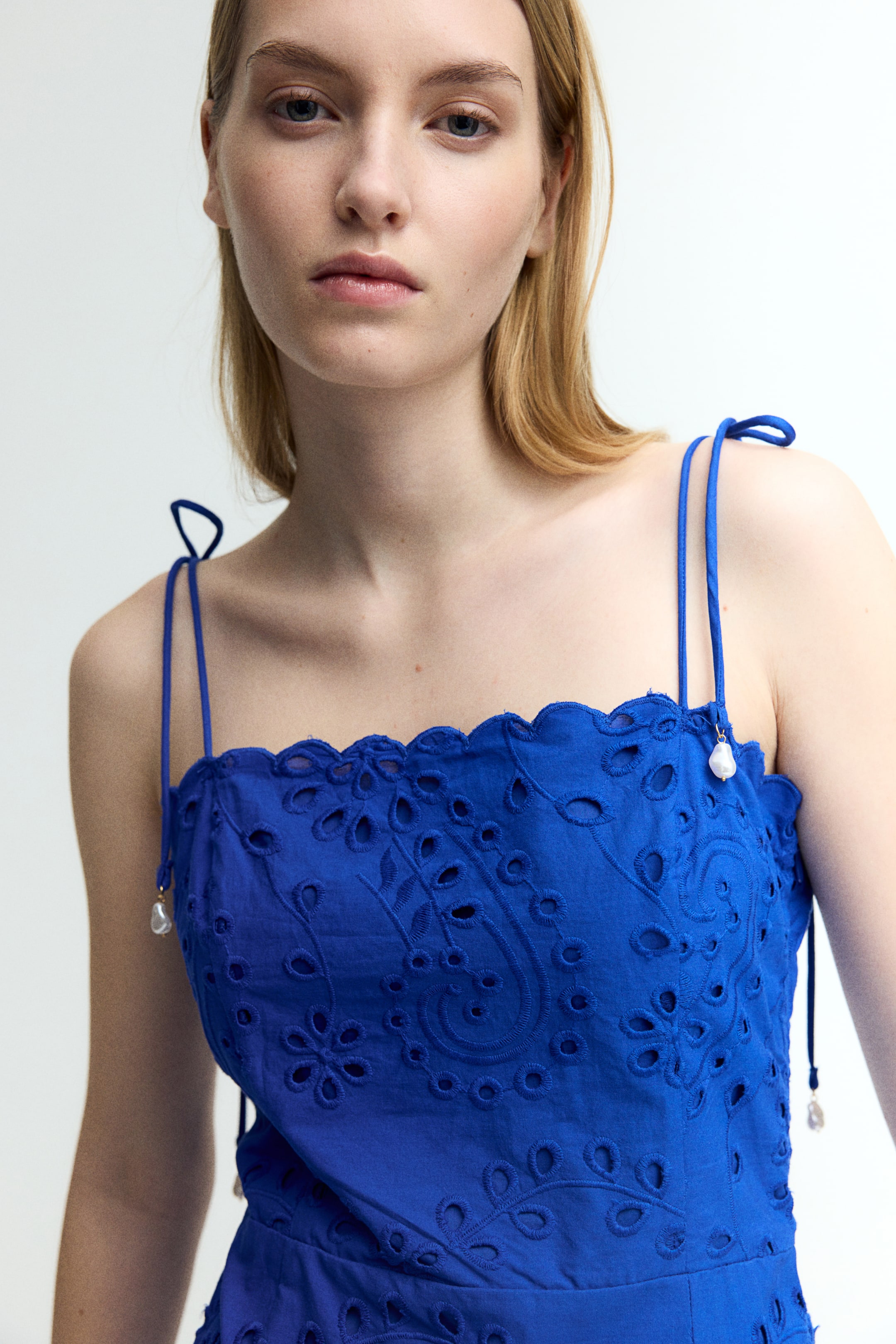 Eyelet Embroidered Tie-Shoulder-Strap Dress