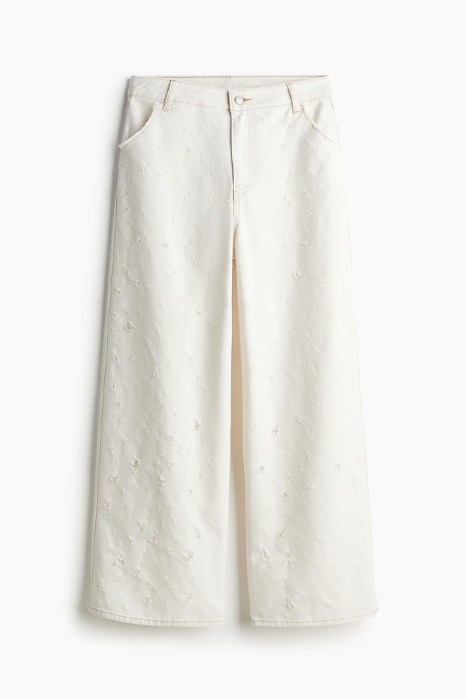 Pantalón de sarga con acabado desflecado - Crema - 1
