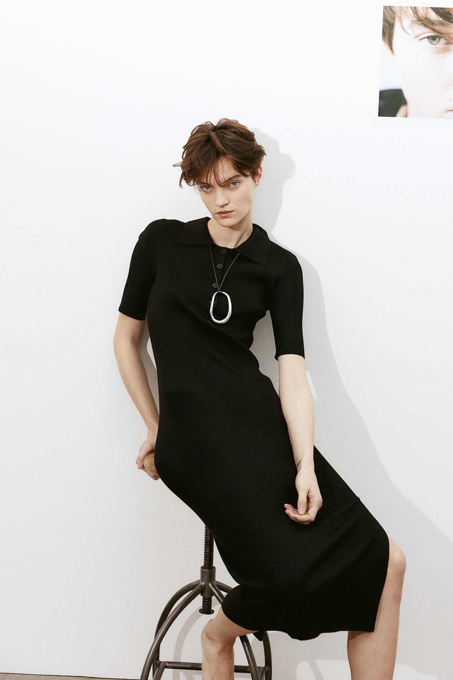 Collared Rib Knit Dress - Black - 4