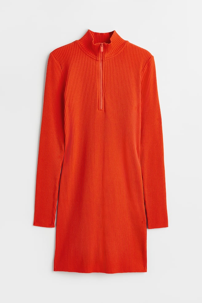 Rib-knit bodycon dress - Bright orange/Black - 1