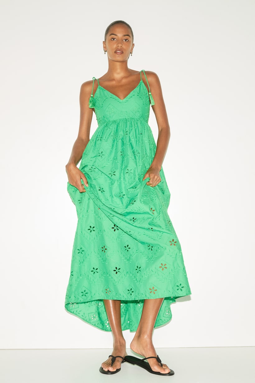 Green Maxi Dresses Long, Floral, Satin Tiered H&M GB