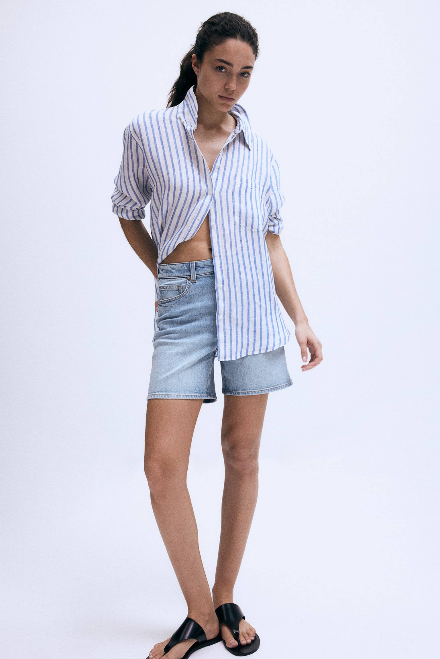 High Waist Denim Shorts - Light denim blue/Dark grey/Denim blue - 3