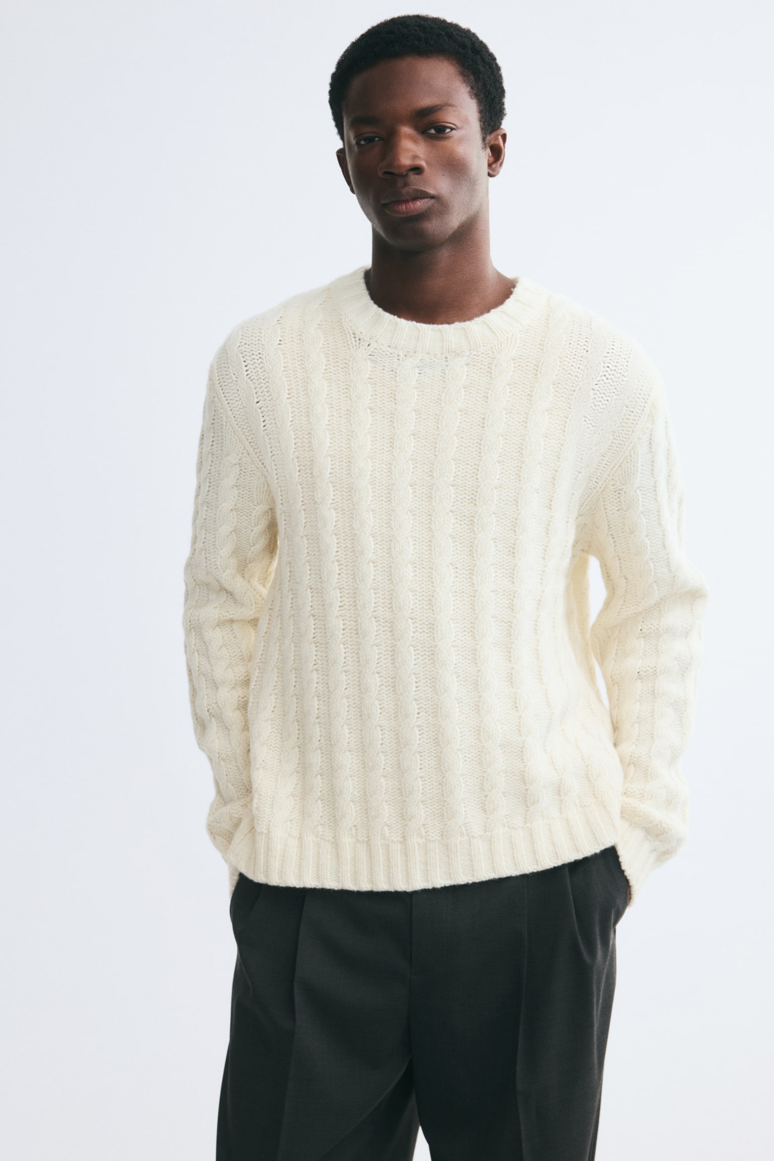 Pull Relaxed Fit en maille de laine torsadée - Crème - 1