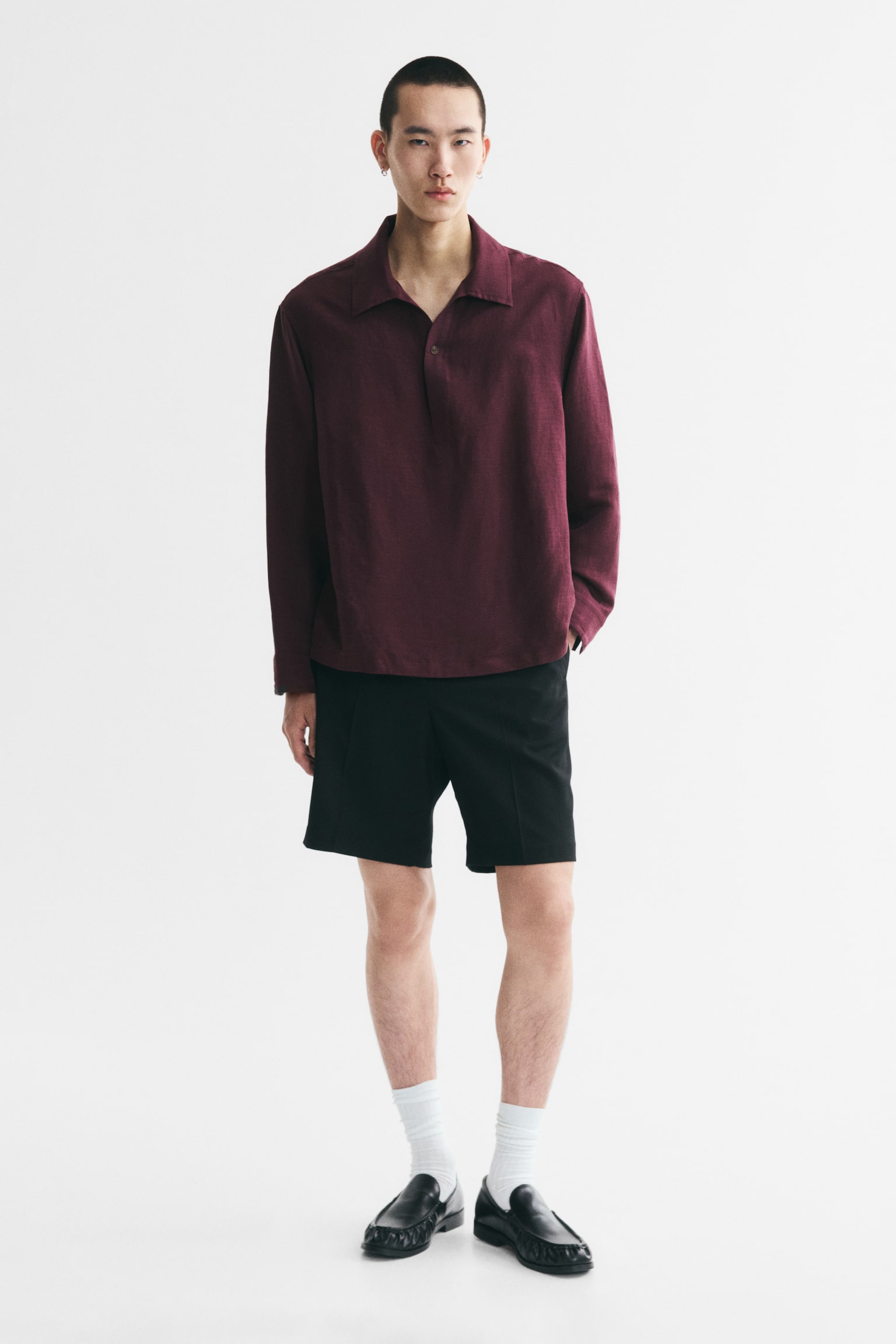 Мужская рубашка H&M Relaxed Fit Popover, цвет: Бордовый — фото 4