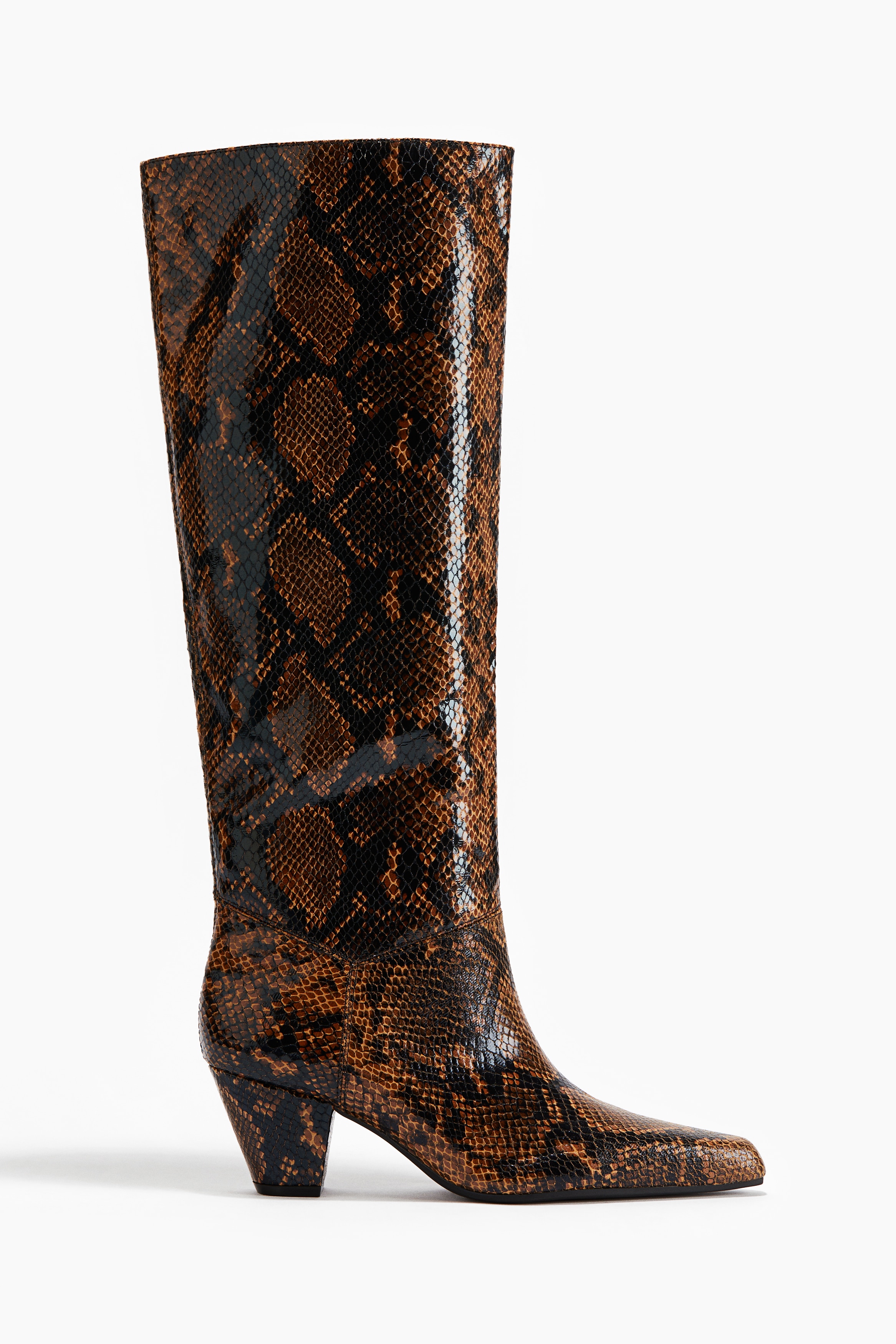 Knehøye boots - Brun/Slangeskinnsmønstret/Sort