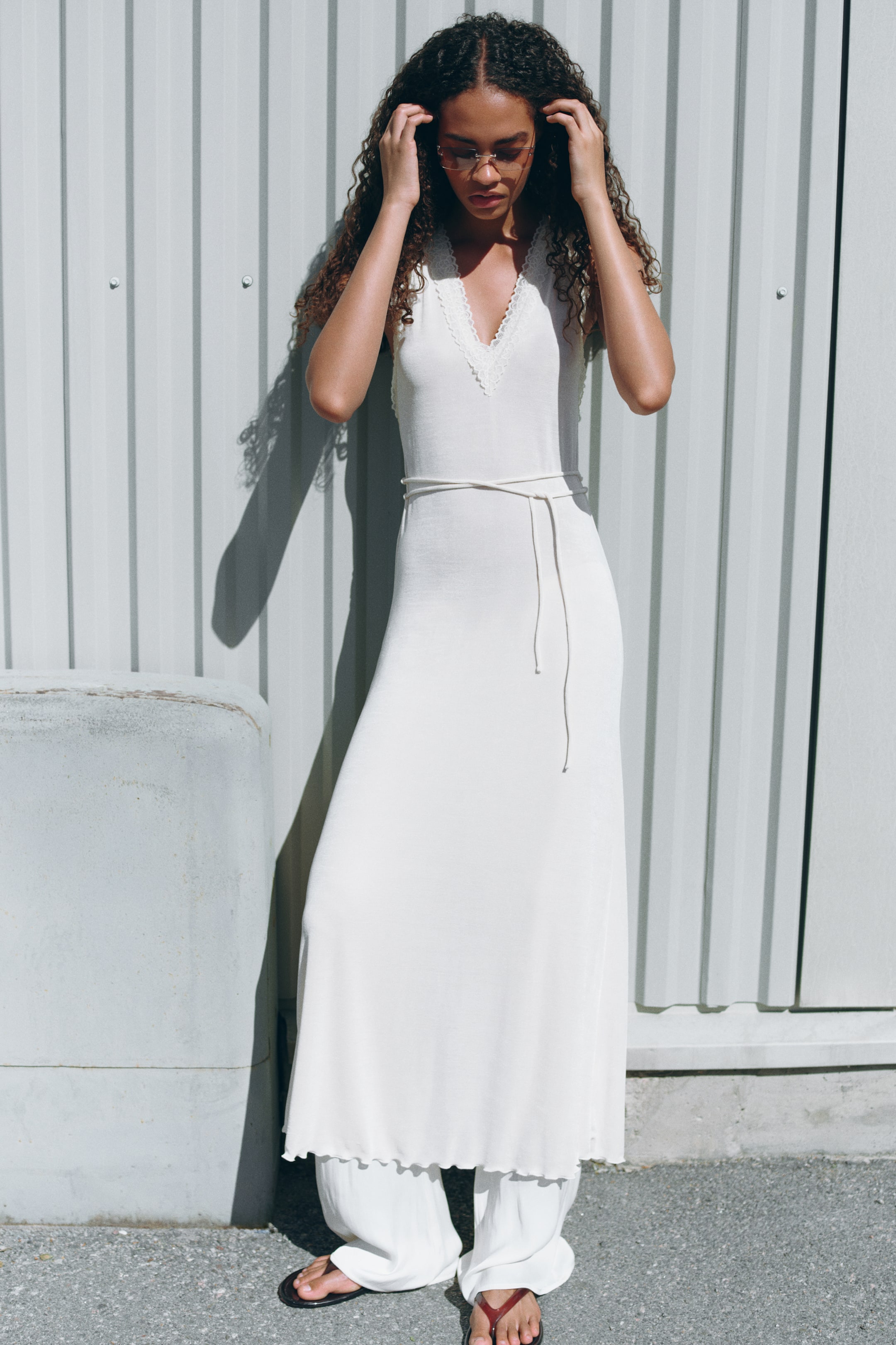 Lace-Trimmed Tie-Belt Dress