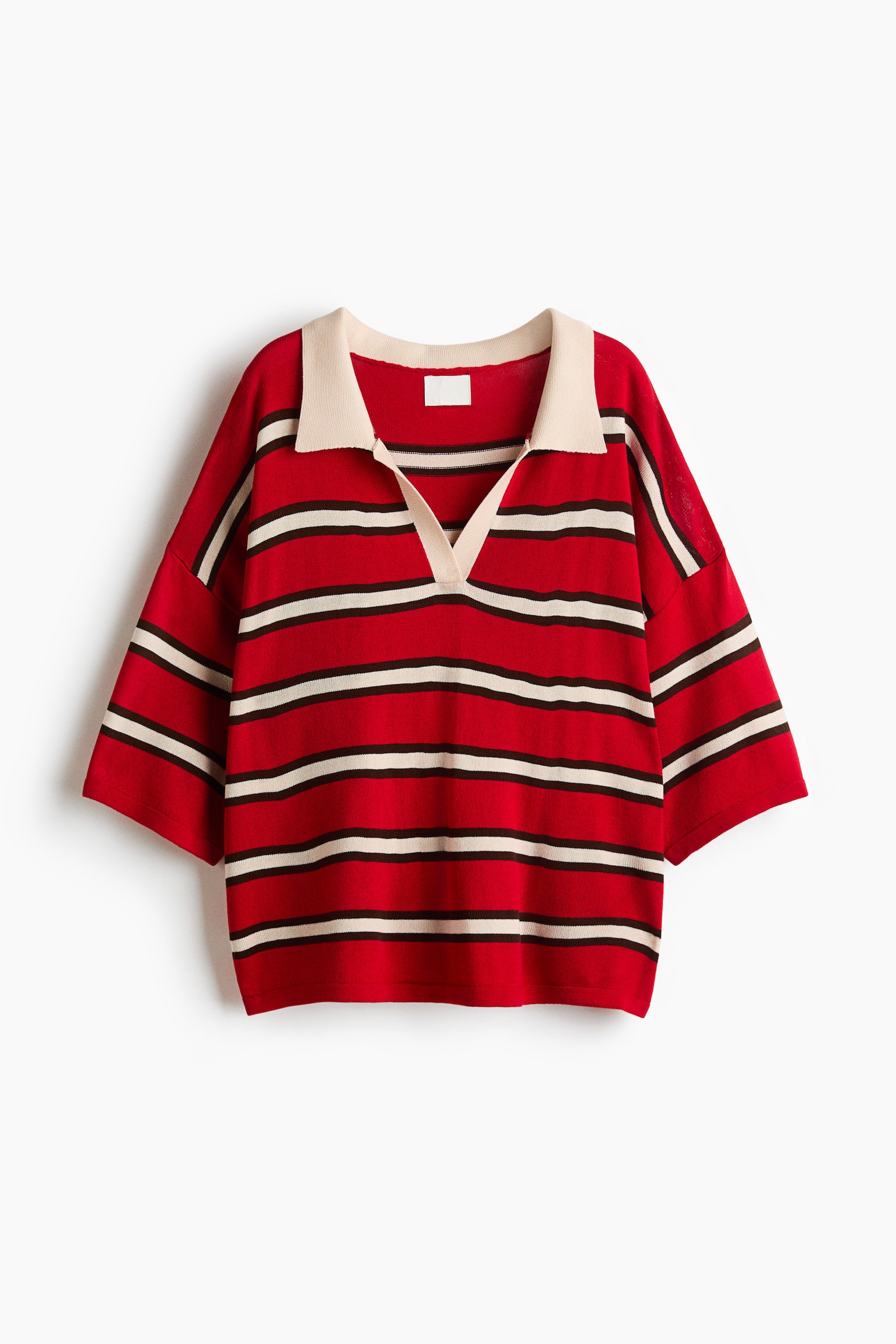 Oversized fine-knit polo shirt - Red/Striped