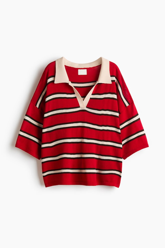 Oversized Poloshirt aus Feinstrick - Rot/Gestreift - 1