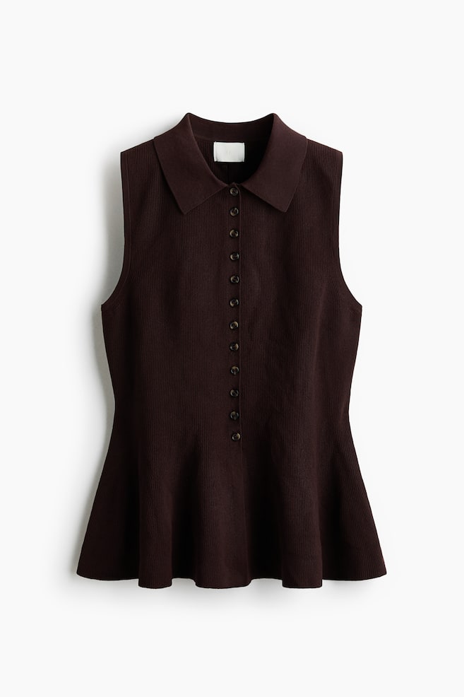 A dark brown sleeveless knit polo top featuring a ribbed texture, a full-length button placket with small dark buttons, and a flared hem. - 1