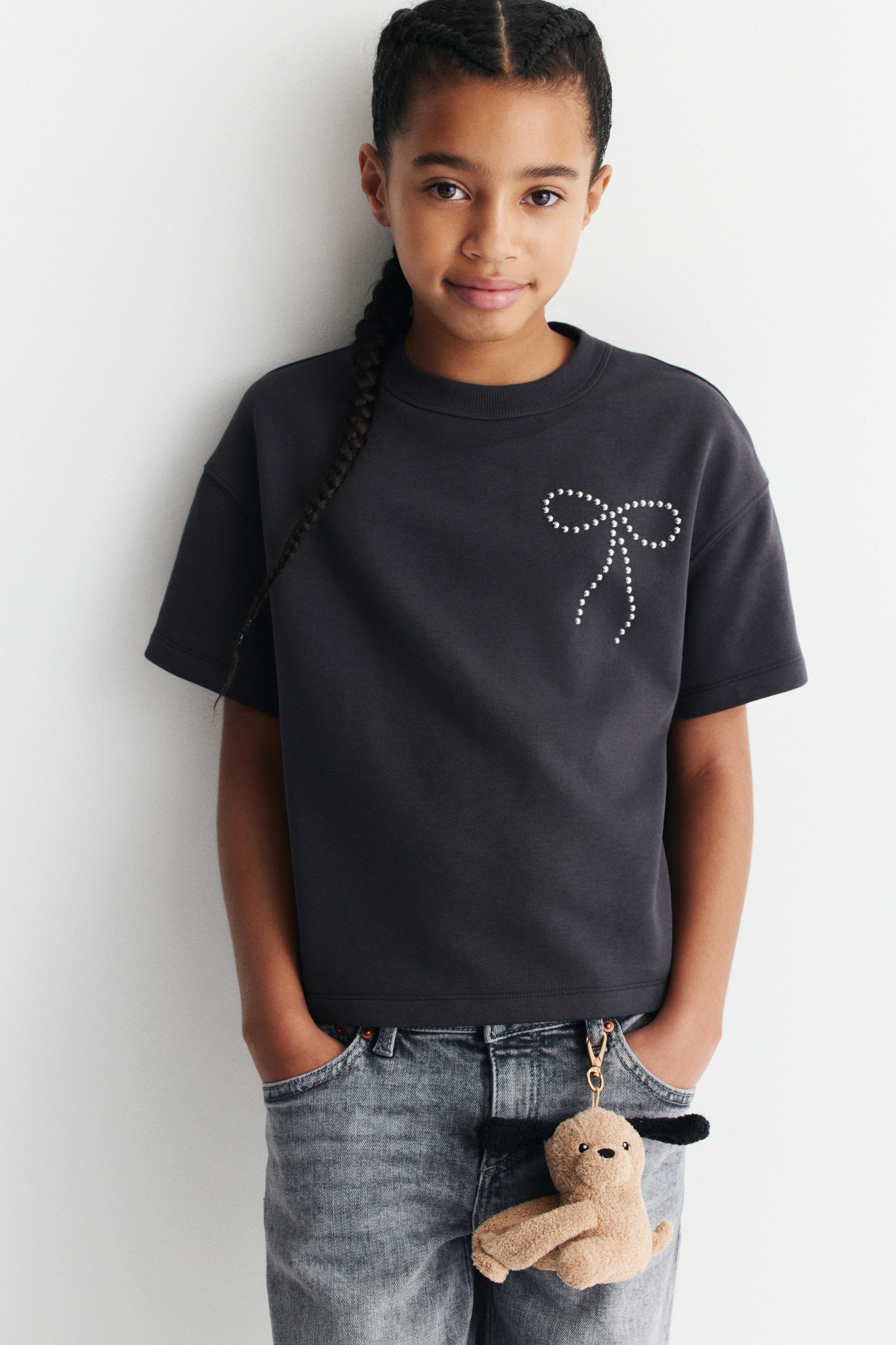 T-shirt com motivo - Cinzento escuro/Laço/Cinzento claro mesclado/Contas/Rosa claro/Laços