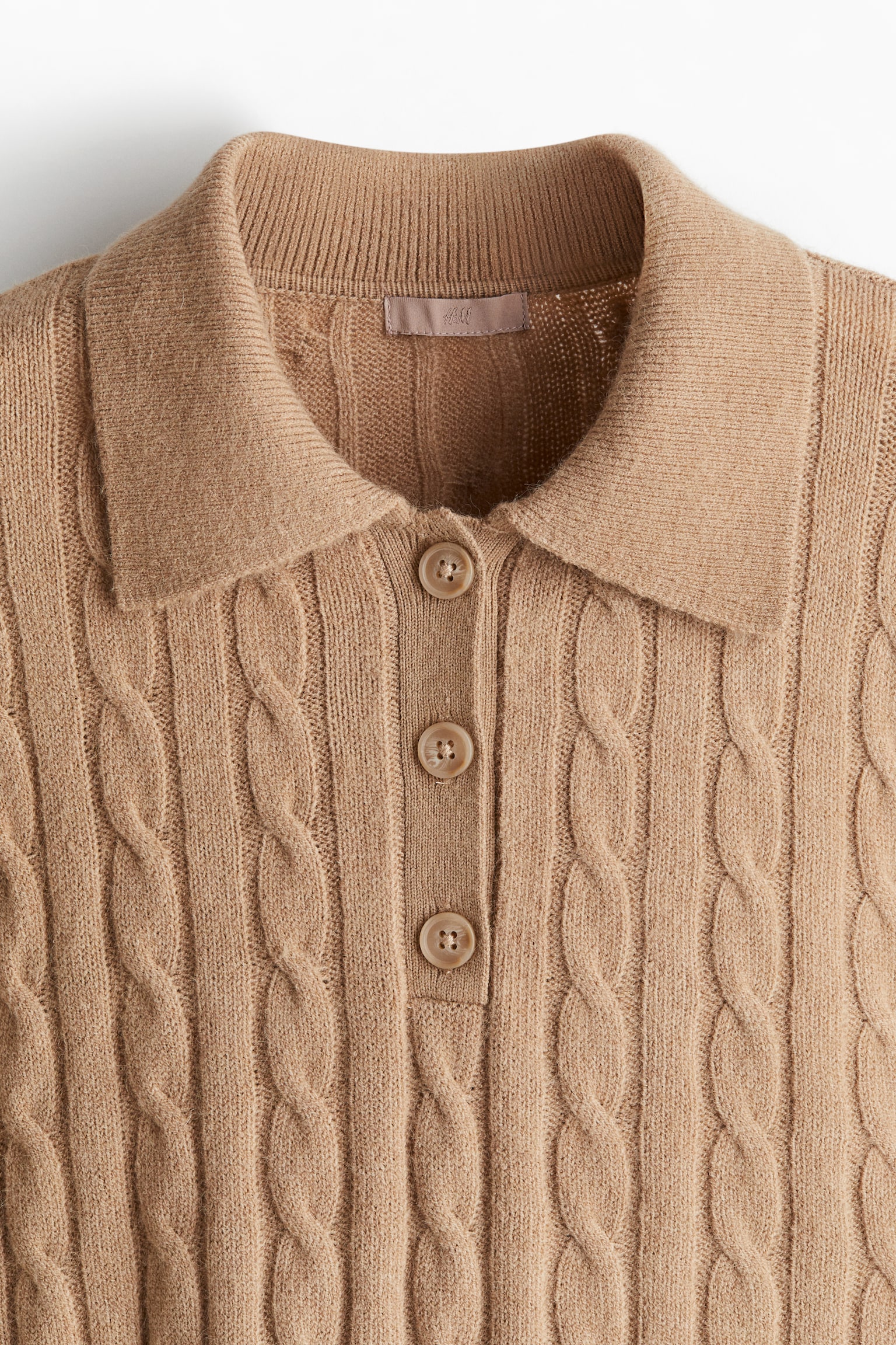 Cable-knit polo jumper - Dark beige - 7