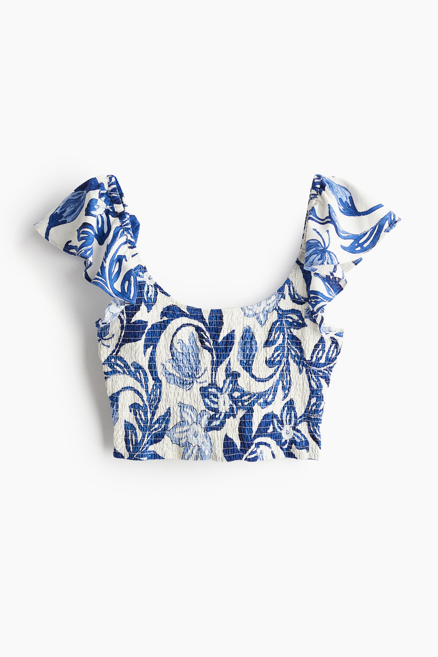 Smocked Cropped Top - White/Blue floral/Dark blue/White - 2