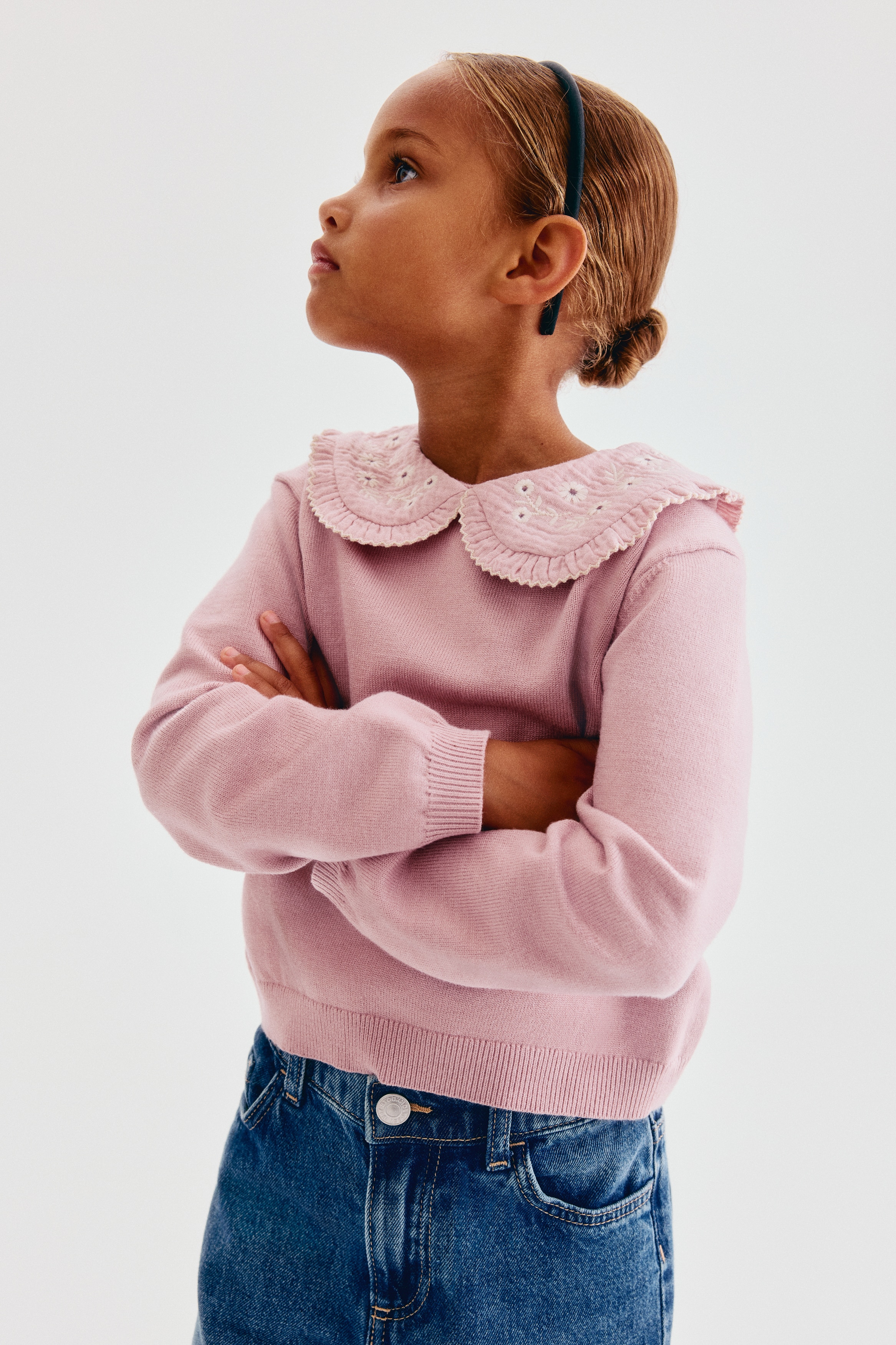 Peter Pan-collared jumper - Light dusty pink/Flowers/Anthracite grey