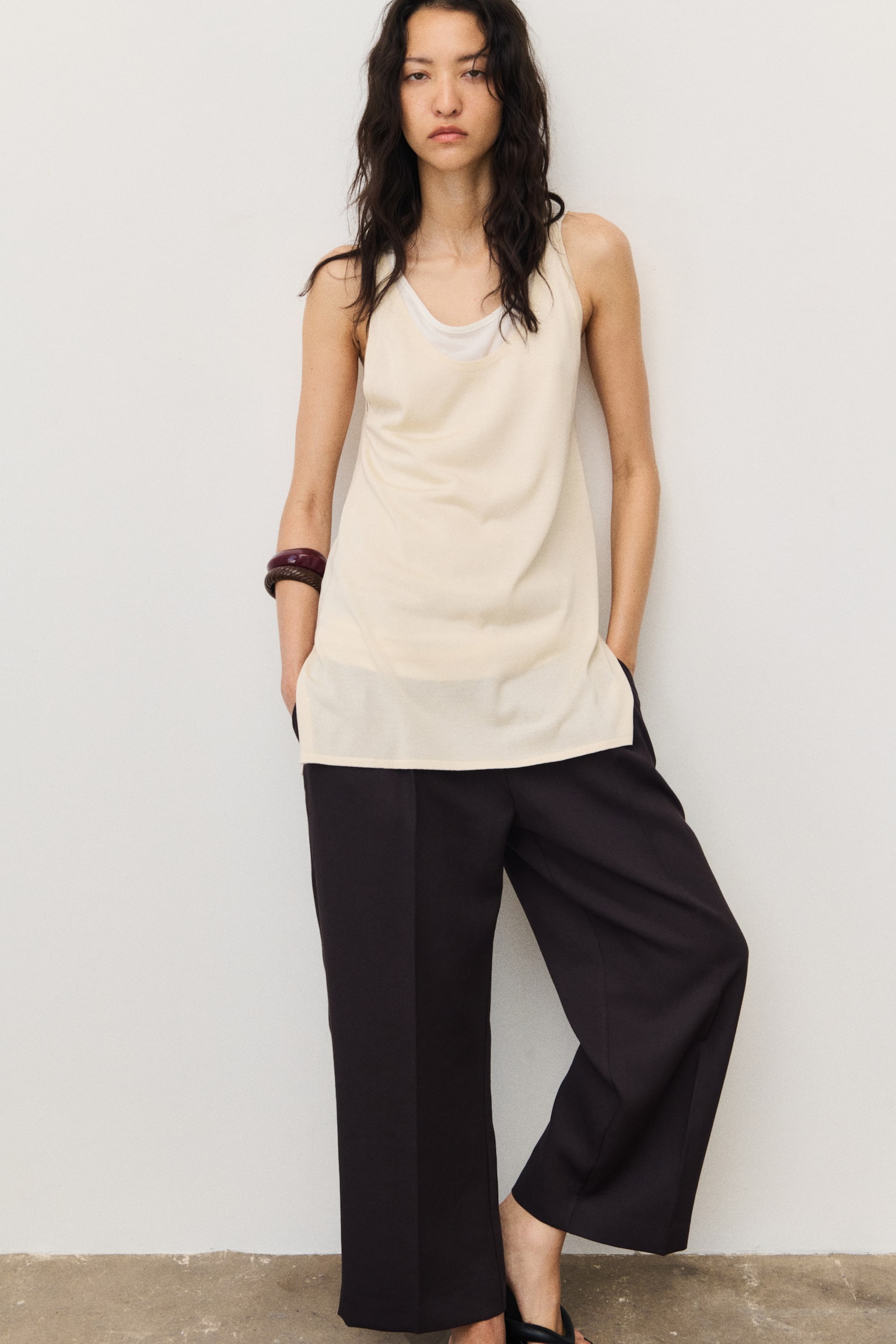 Ankle-length twill trousers - Dark brown/Beige/Cream - 1