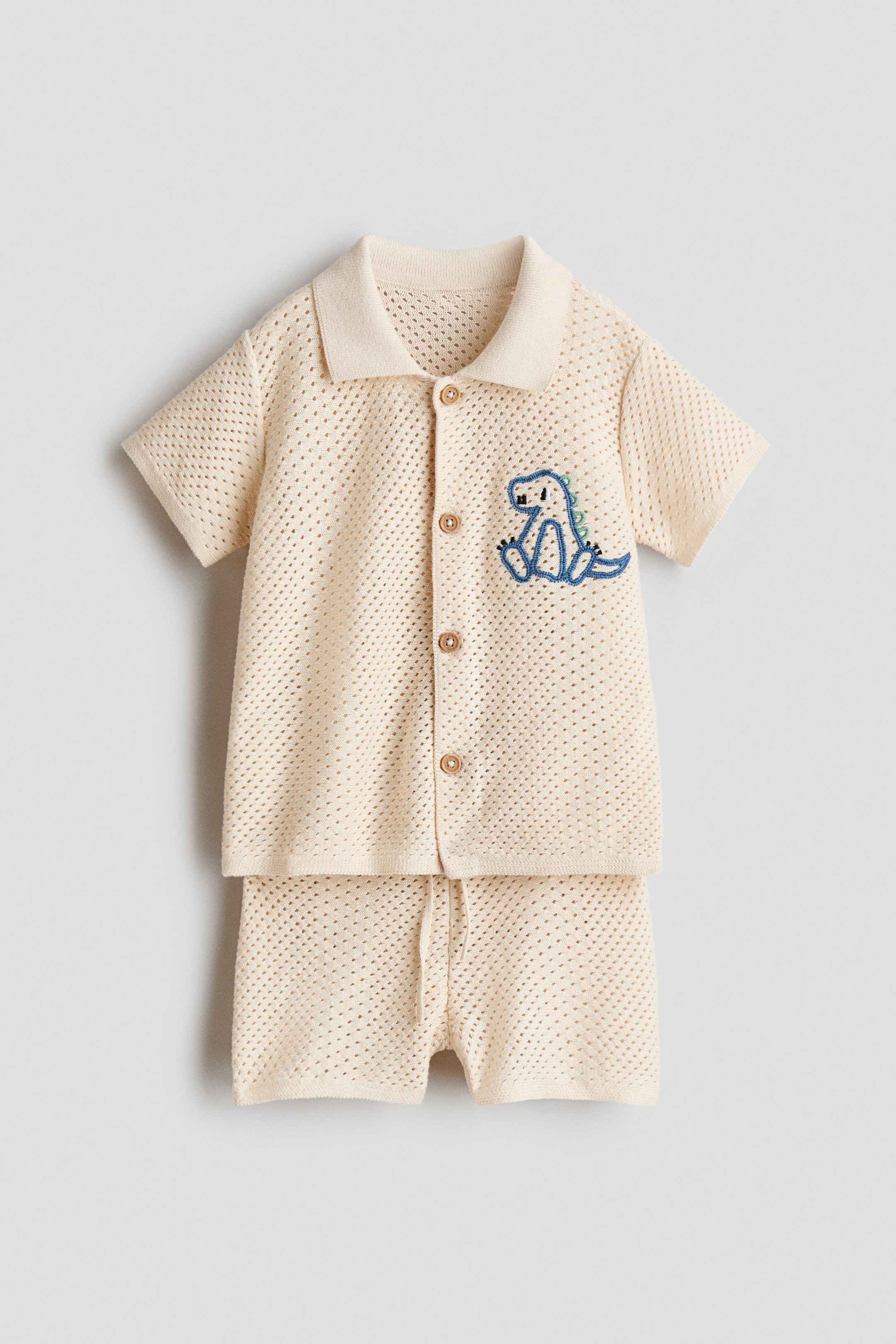 View larger image: 2-piece mesh-knit cotton set - Light beige/Dinosaur - Kids | H&M SG 1