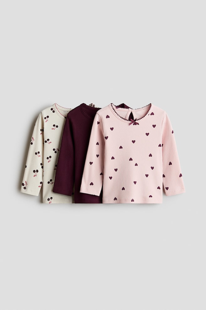 3-Pack Cotton Tops - Light pink/dark red/White/cherries/Light beige/cherries - 1
