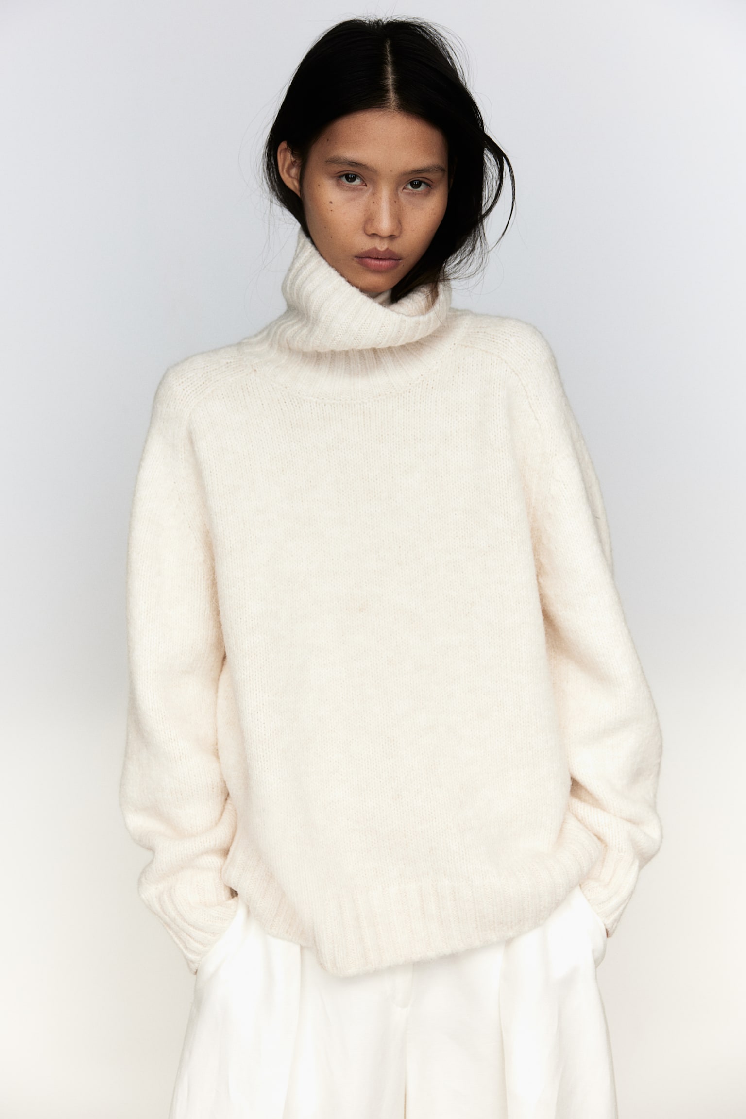 Oversized polo-neck jumper - Cream/Grey marl - 1