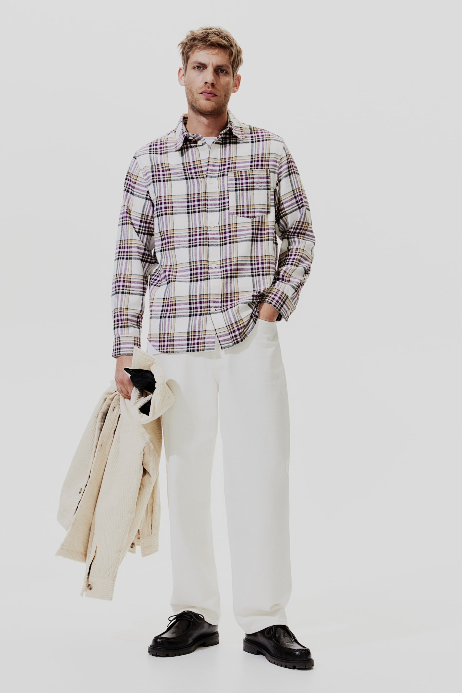 Regular Fit Flannel Shirt - White/Purple check/Brown/Check/Brown/Check - 1