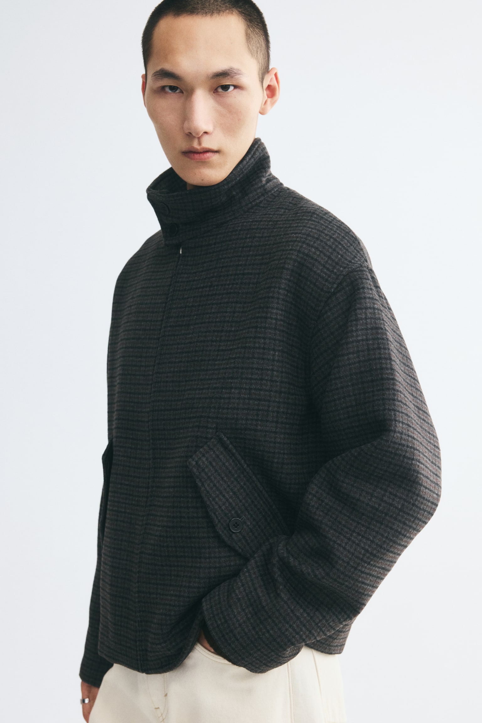 Мужская куртка H&M Stand-Up Collar Wool-Blend, цвет: Тёмный серый / Клетчатый — фото 5