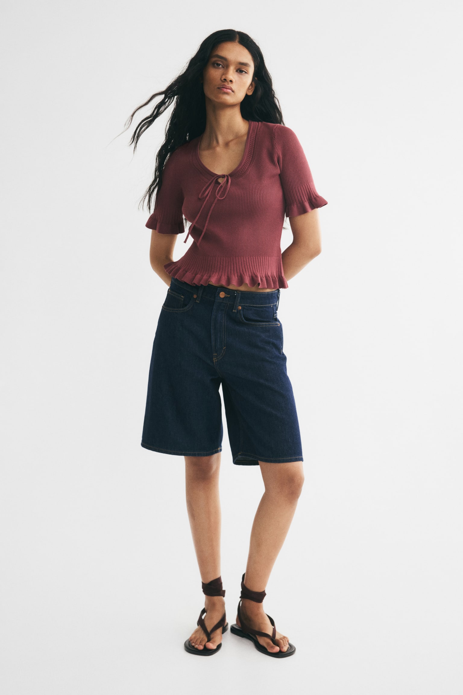 Женский топ H&M Tie-Detail Rib-Knit Top, цвет: Ржавый красный — фото 3