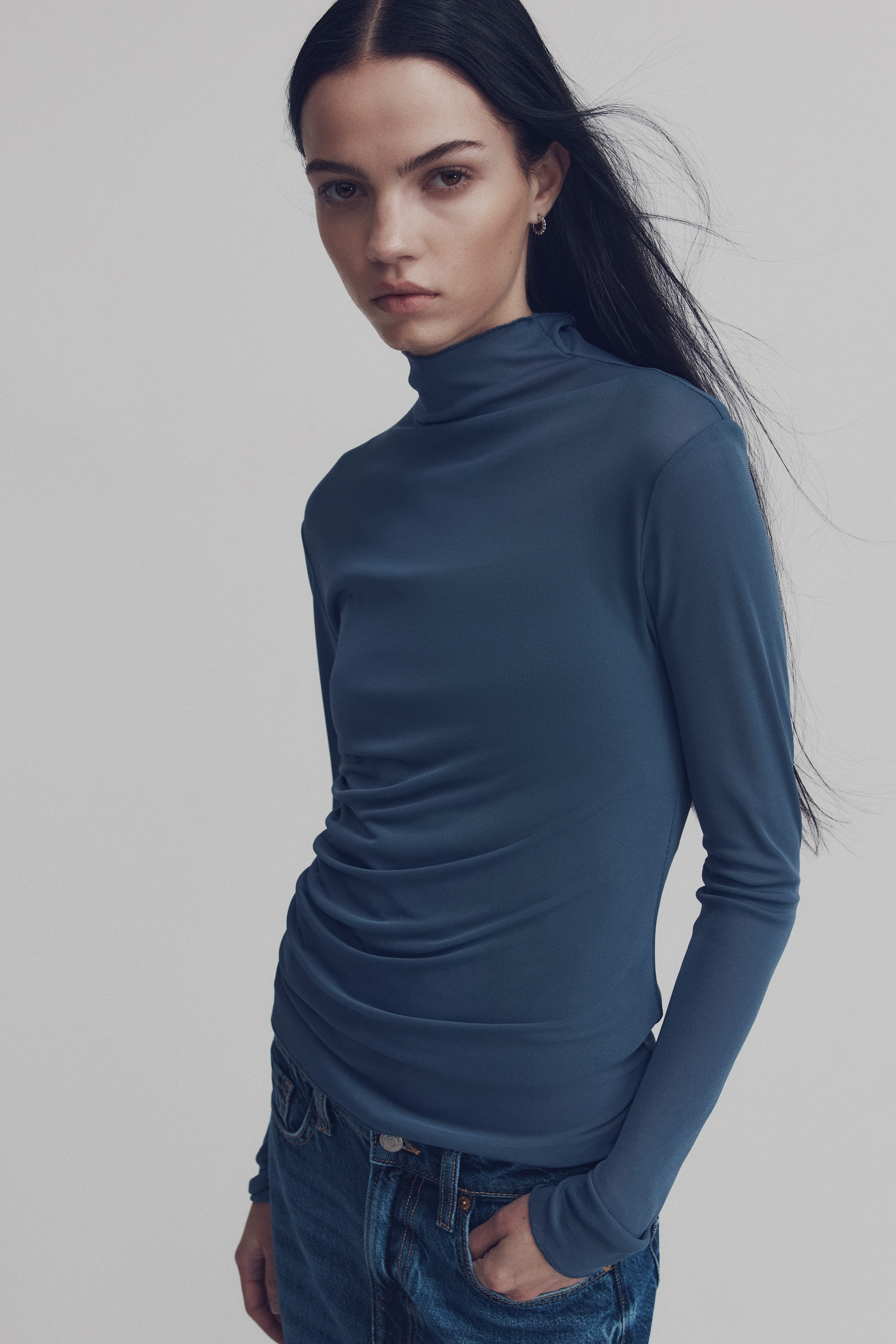 Sheer jersey top - Steel blue/Black