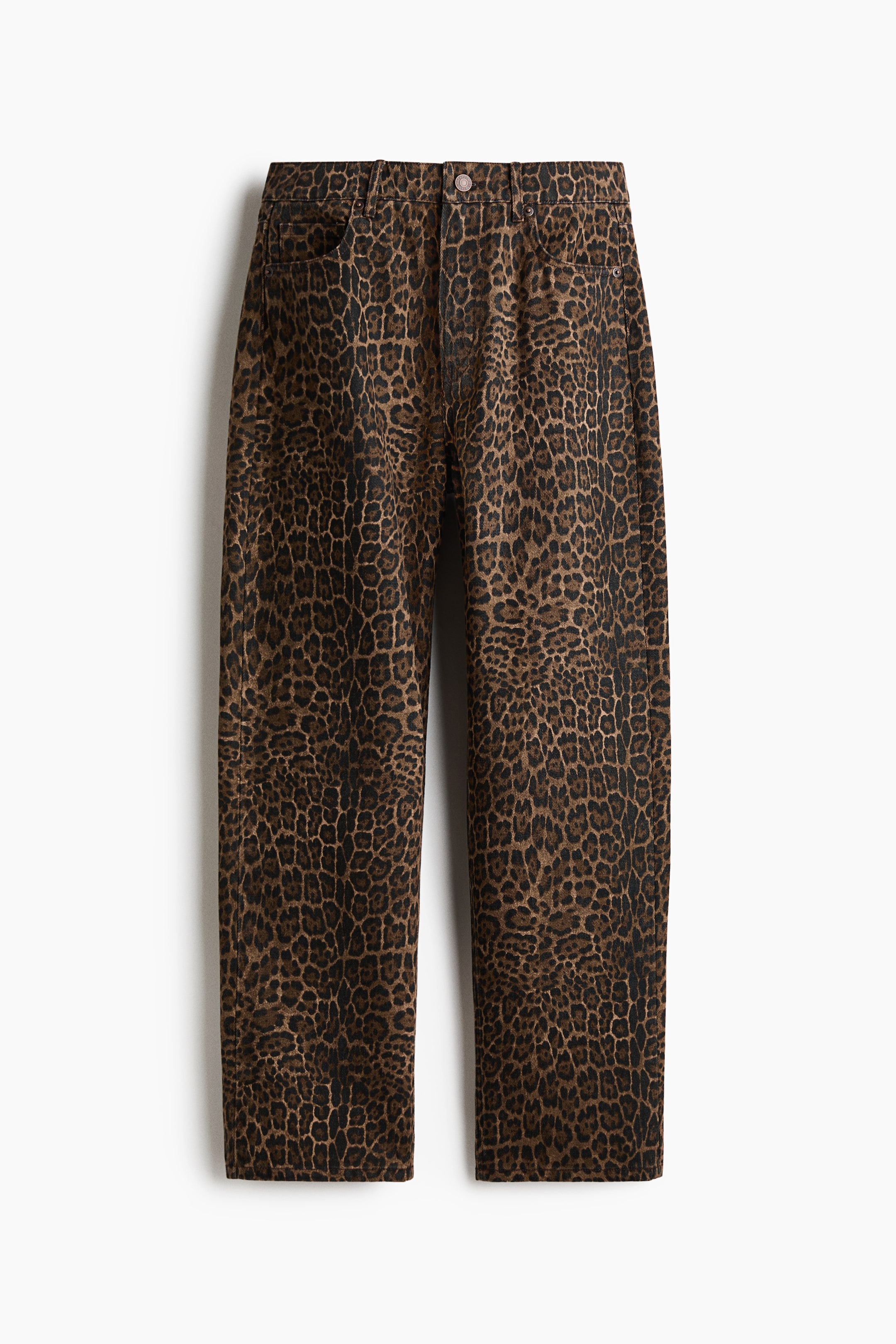 View larger image: A front view of five-pocket jeans in an all-over brown and black leopard print, featuring a regular waist with belt loops, a button-and-zip fly, and straight-cut legs.