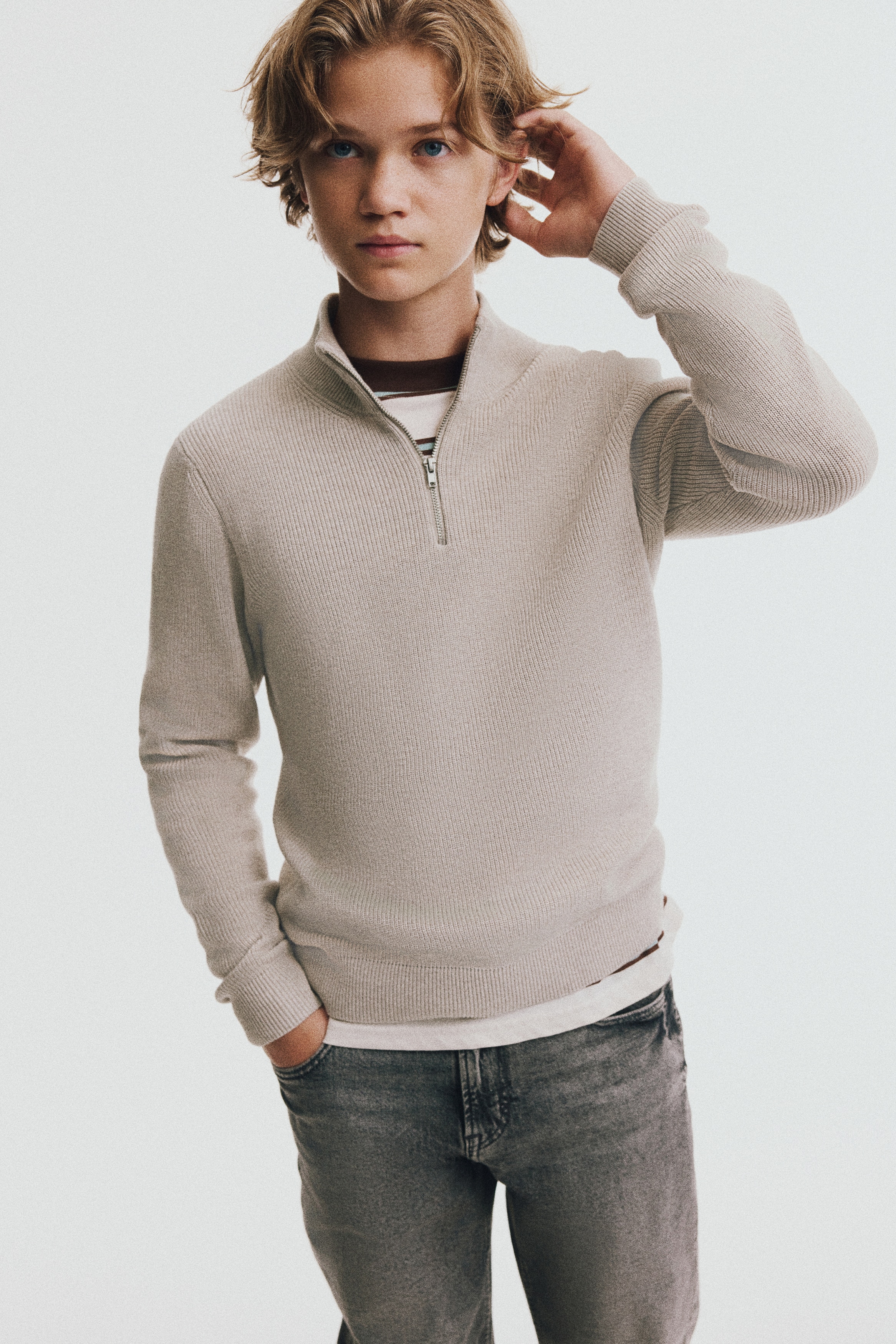 Half-zip jumper - Light beige/Navy blue