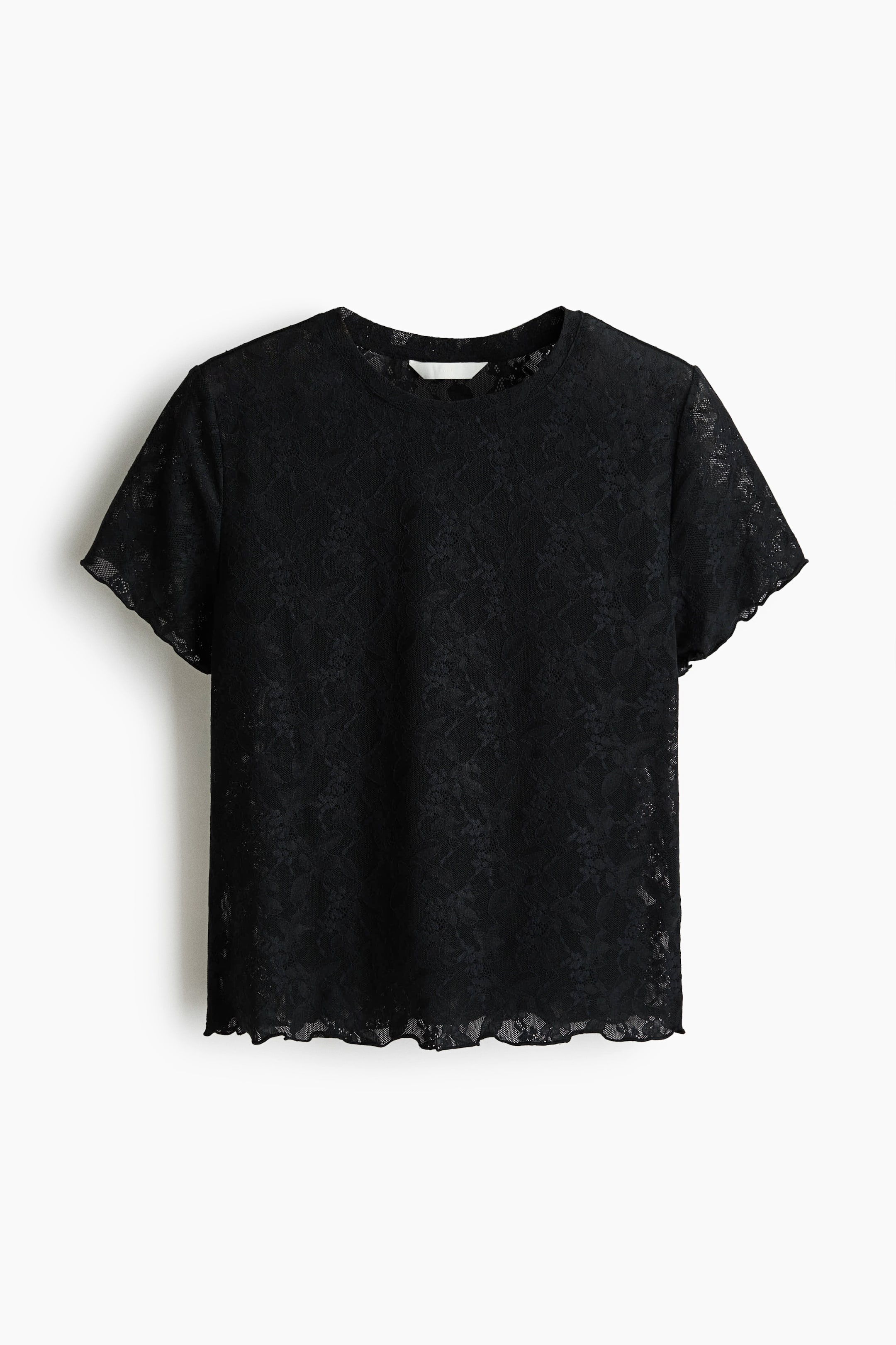 拡大画像を表示: 黒のフィットしたTシャツは、ラウンドネックライン、ショートスリーブ、そして複雑なパターンのフルストレッチレース構造が特徴です。カフスと裾はオーバーロック仕上げになっています。