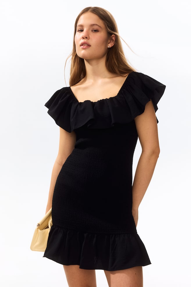 Flounced Off-the-Shoulder Dress - Black/Light purple/Rust brown - 2