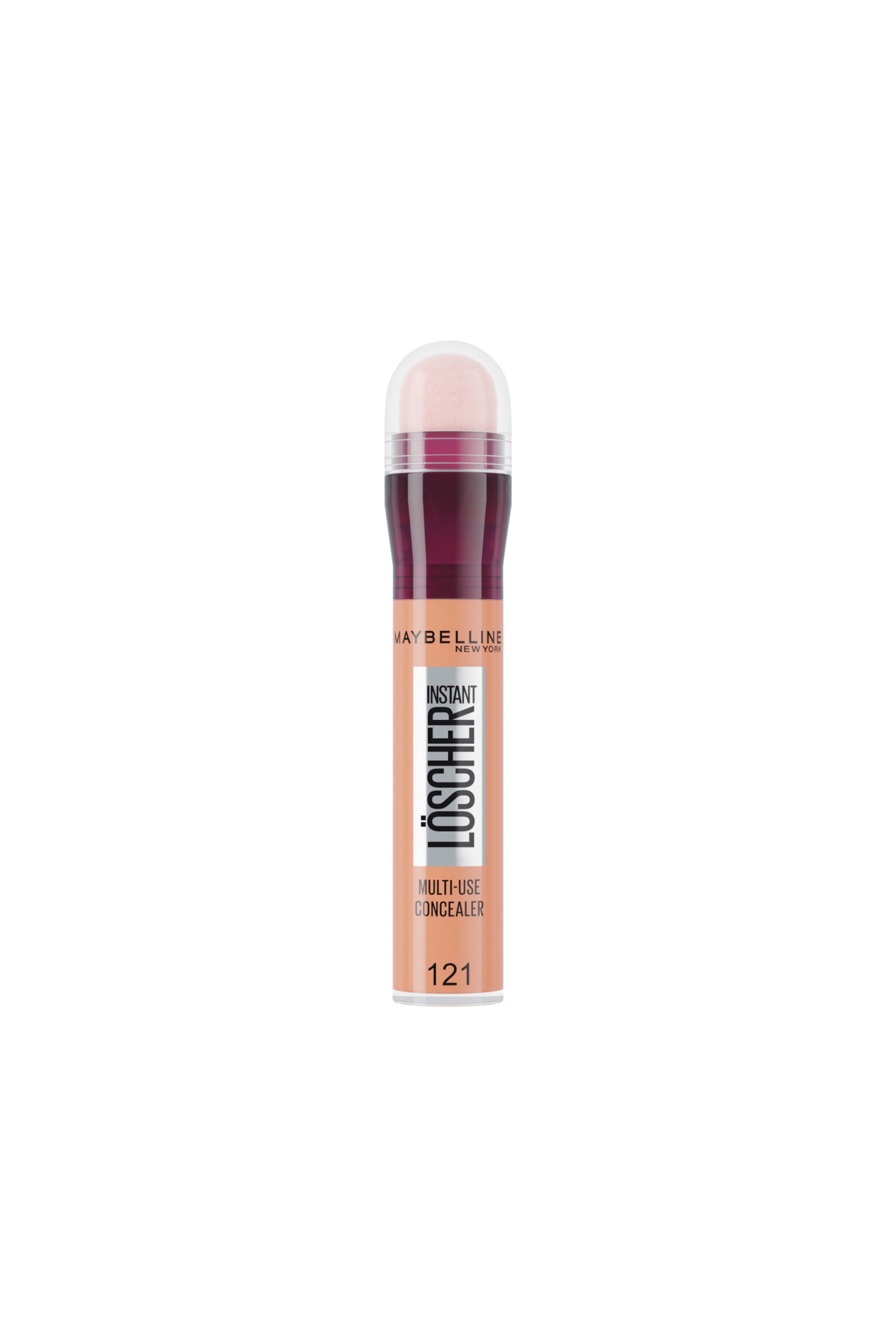 Größeres Bild ansehen: Eine Maybelline Instant L�scher Multi-Use Concealer-Tube in der Nuance 121 steht aufrecht in frontaler Ansicht und zeigt ihr zylindrisches Design mit hellbeiger Flüssigkeit. Das Produkt verfügt über einen bordeauxfarbenen Kragen unter einer transparenten Kuppelkappe, die einen abgerundeten Schwammapplikator schützt; schwarzer Marken-Schriftzug verläuft vertikal über die Vorderseite des Behälters.