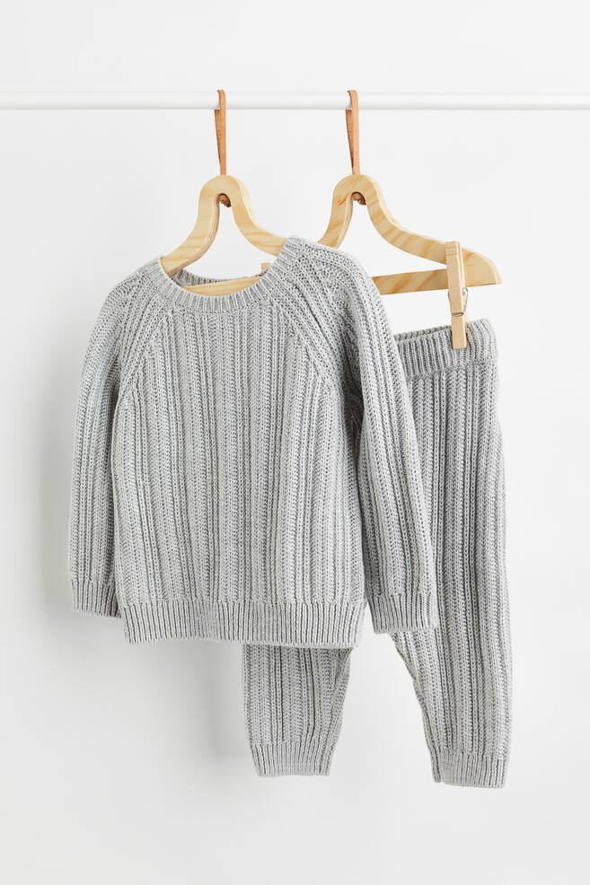2-piece cotton rib-knit set - Light grey/Light brown