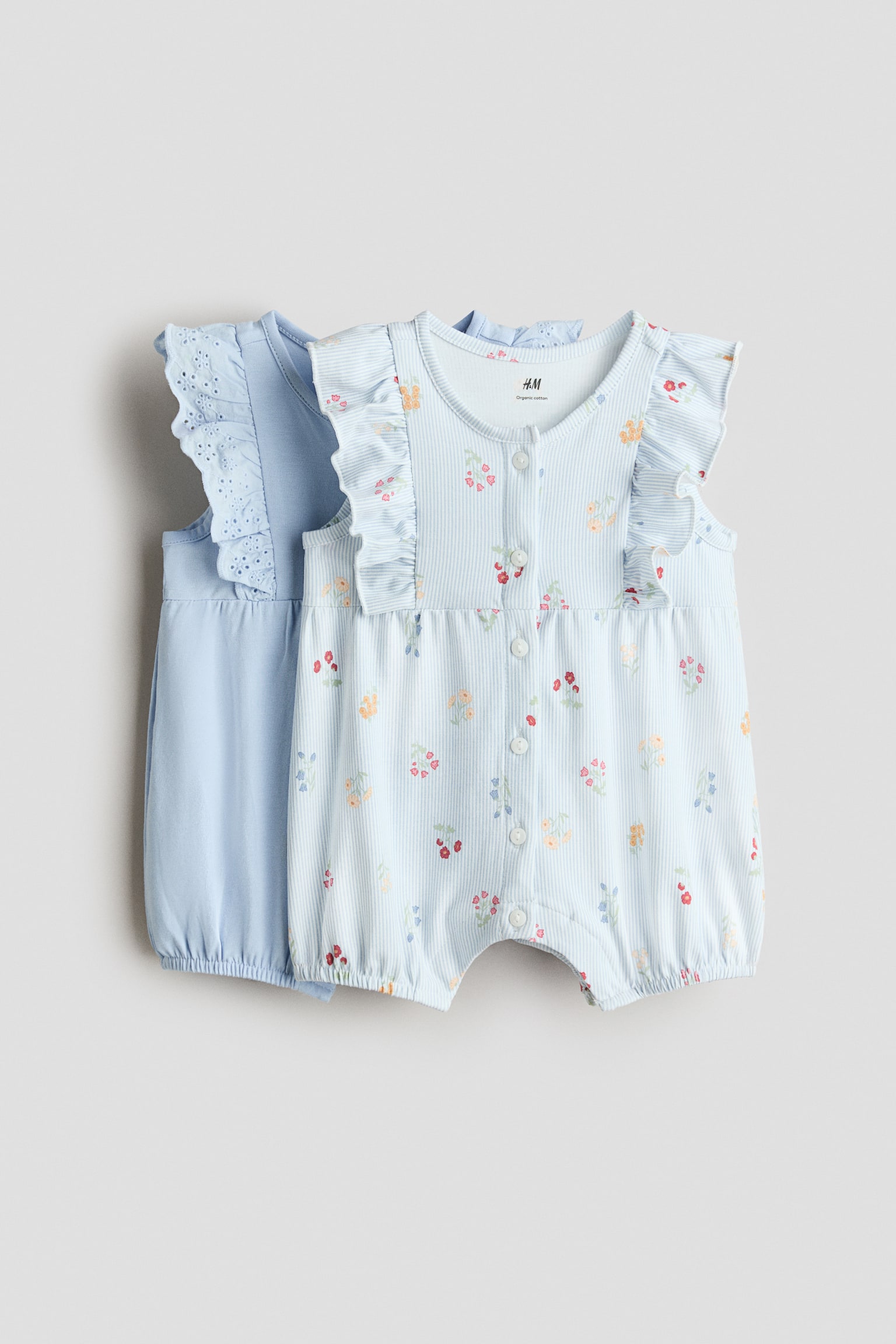 2-Pack Ruffle-Detail Romper Suits - Light blue/floral/Cream/floral