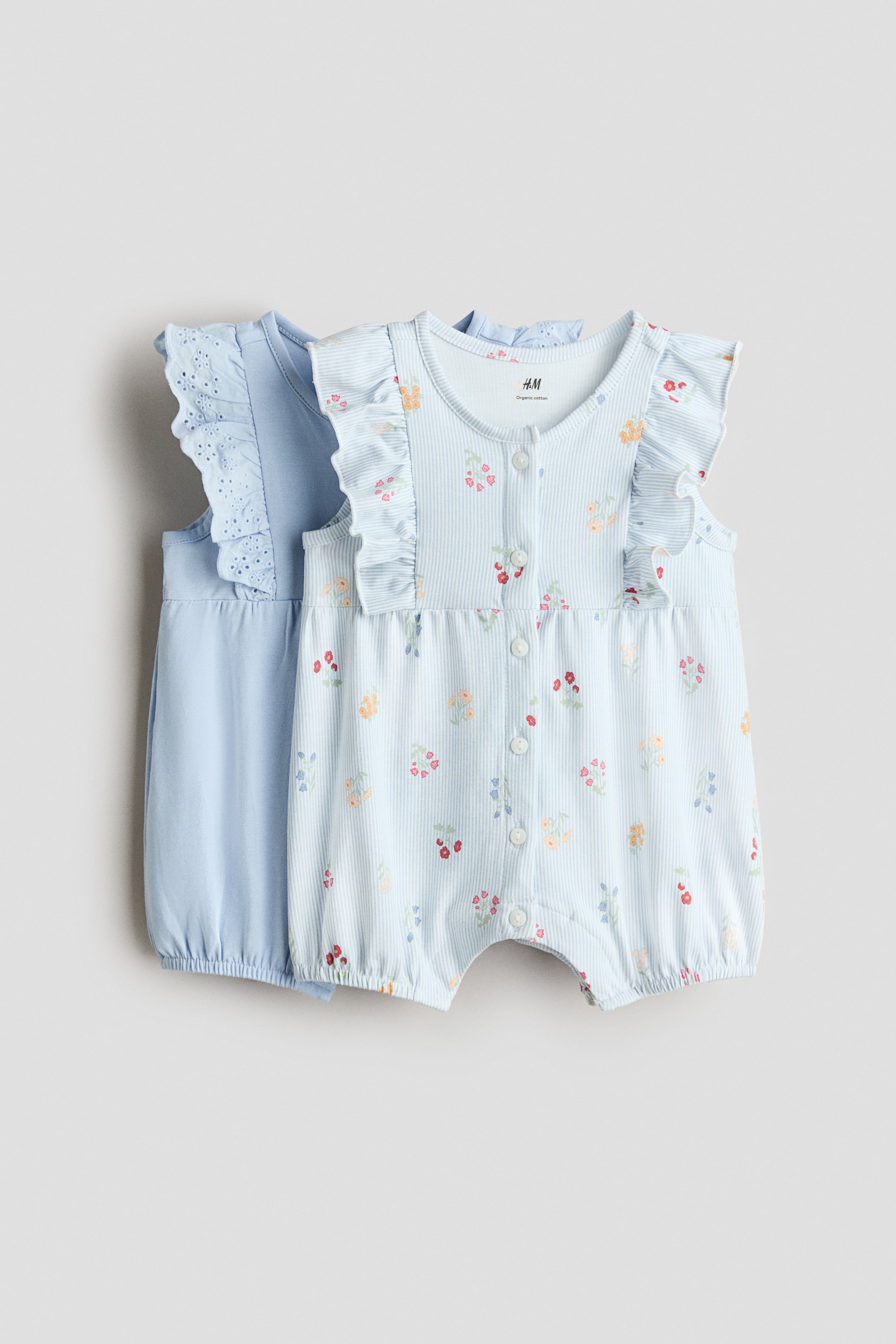 View larger image: 2-Pack Ruffle-Detail Romper Suits - Light blue/floral - Kids | H&M US 1