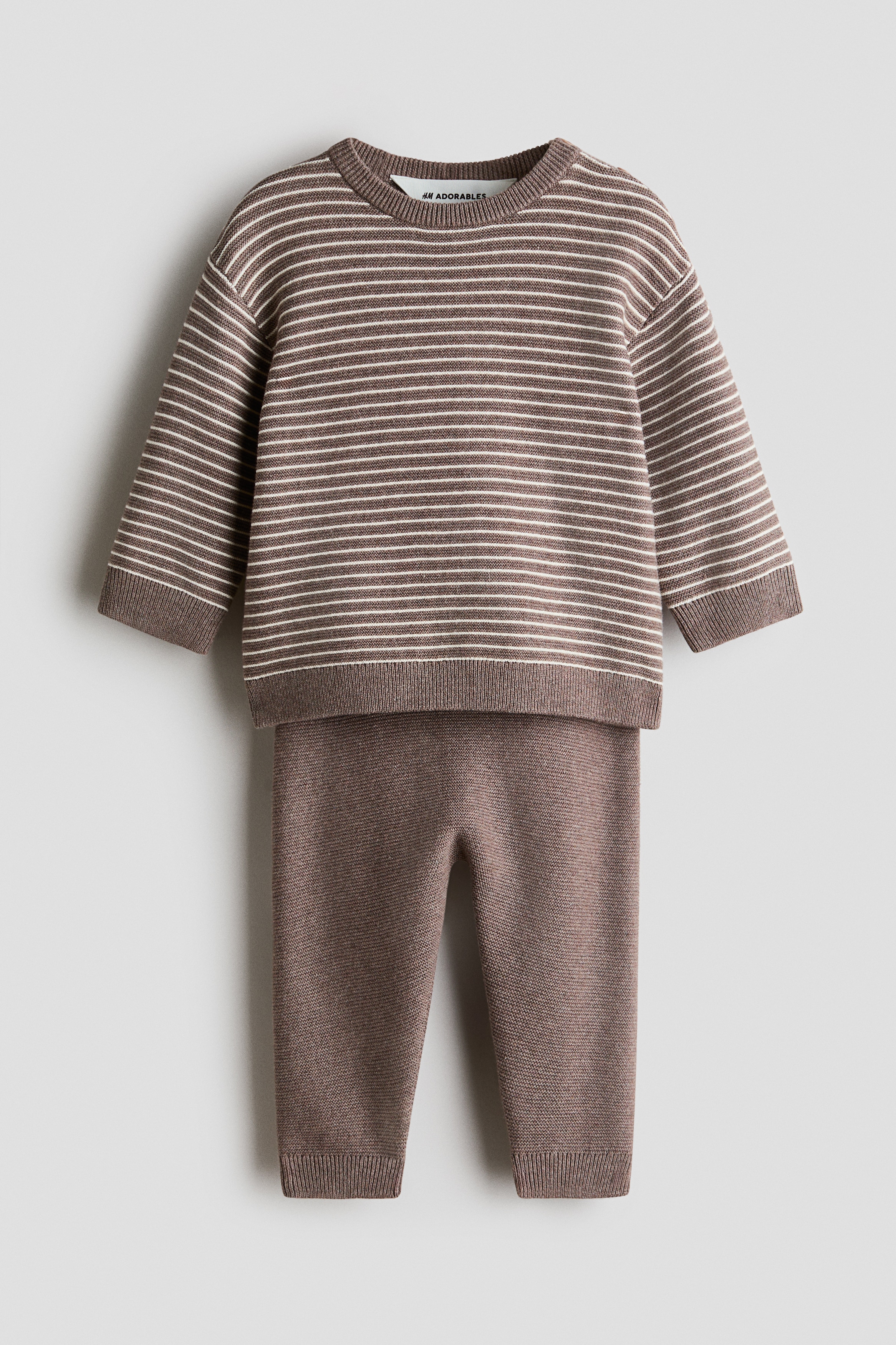 2-piece fine-knit cotton set - Brown/White striped/Light khaki green/Striped/Cream/Neps/Light blue