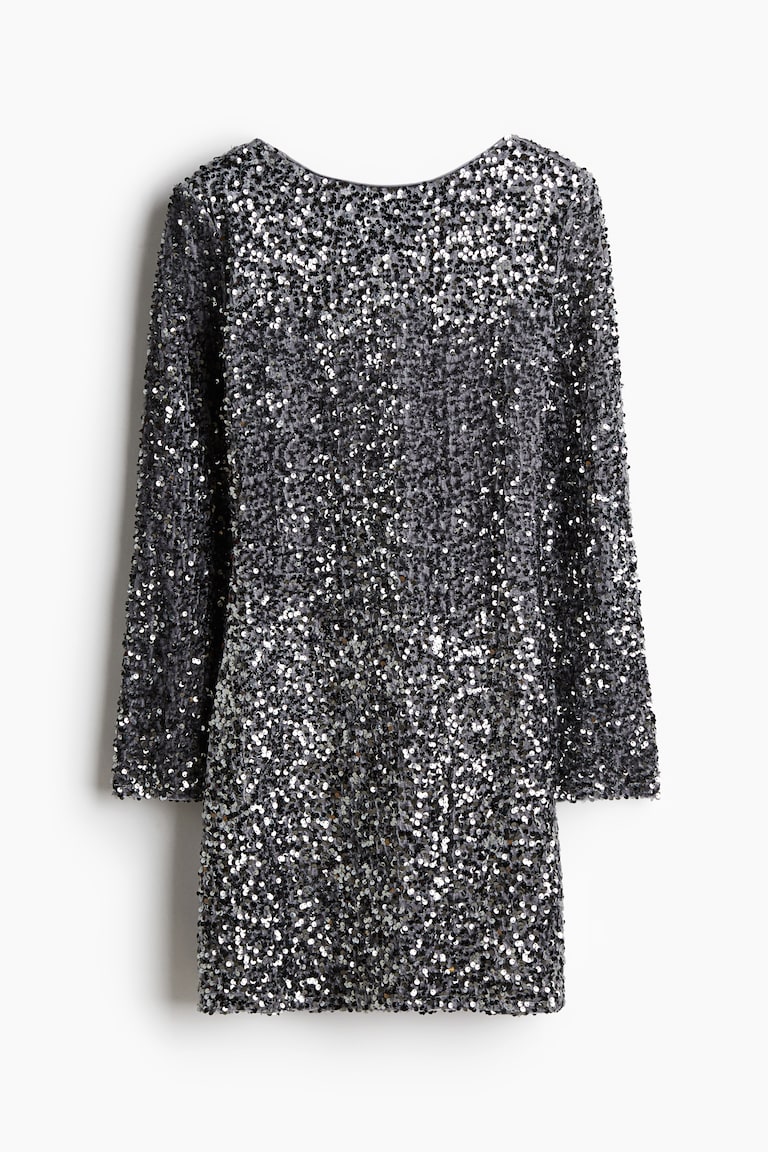 h&m sequin dress black Bill Blass 1970's Black Sequin Gown With Feather Hem