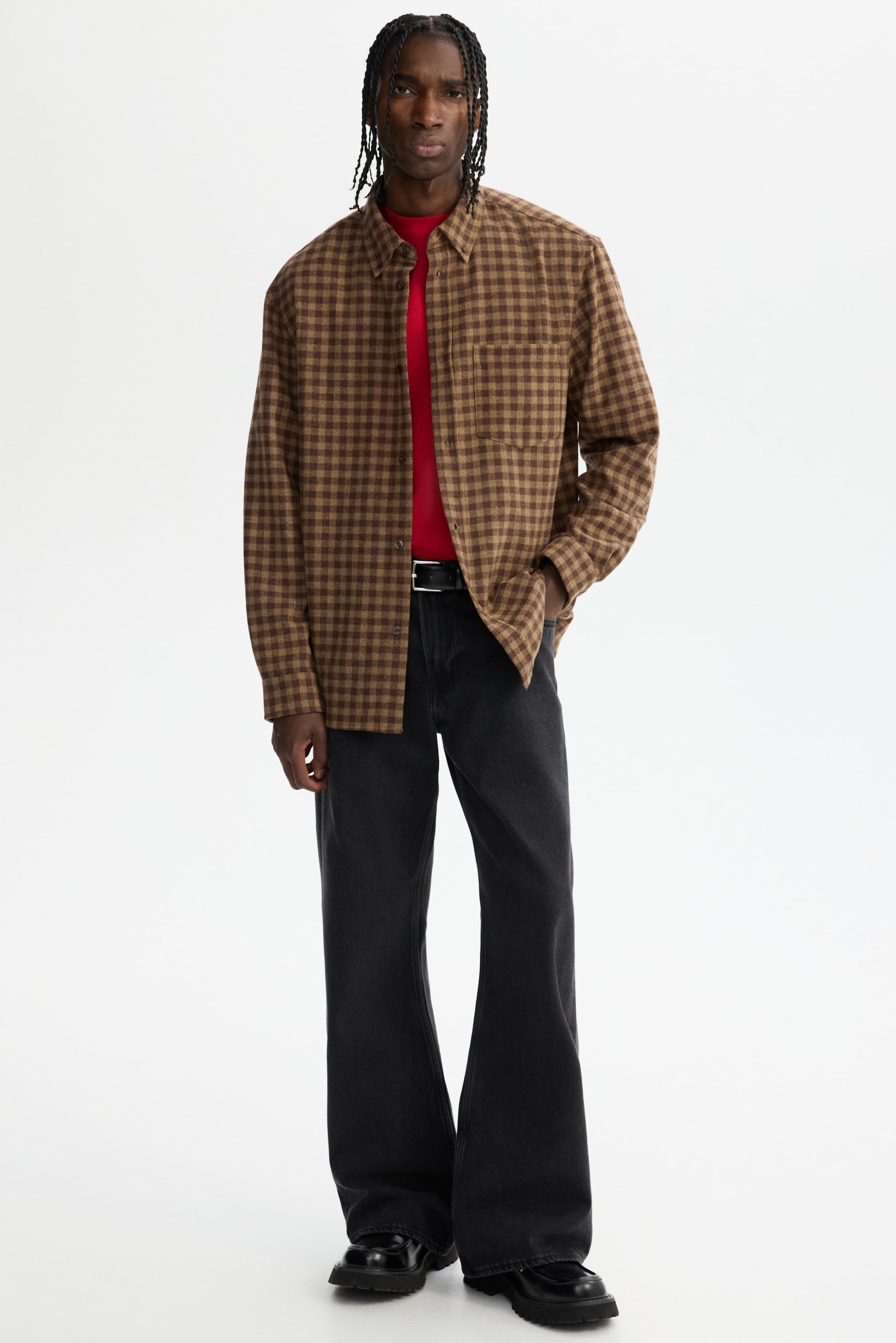 Ampliar la imagen: Relaxed Fit Wool-blend shirt - Gris pardo oscuro/Cuadros - Men | H&M MX 1