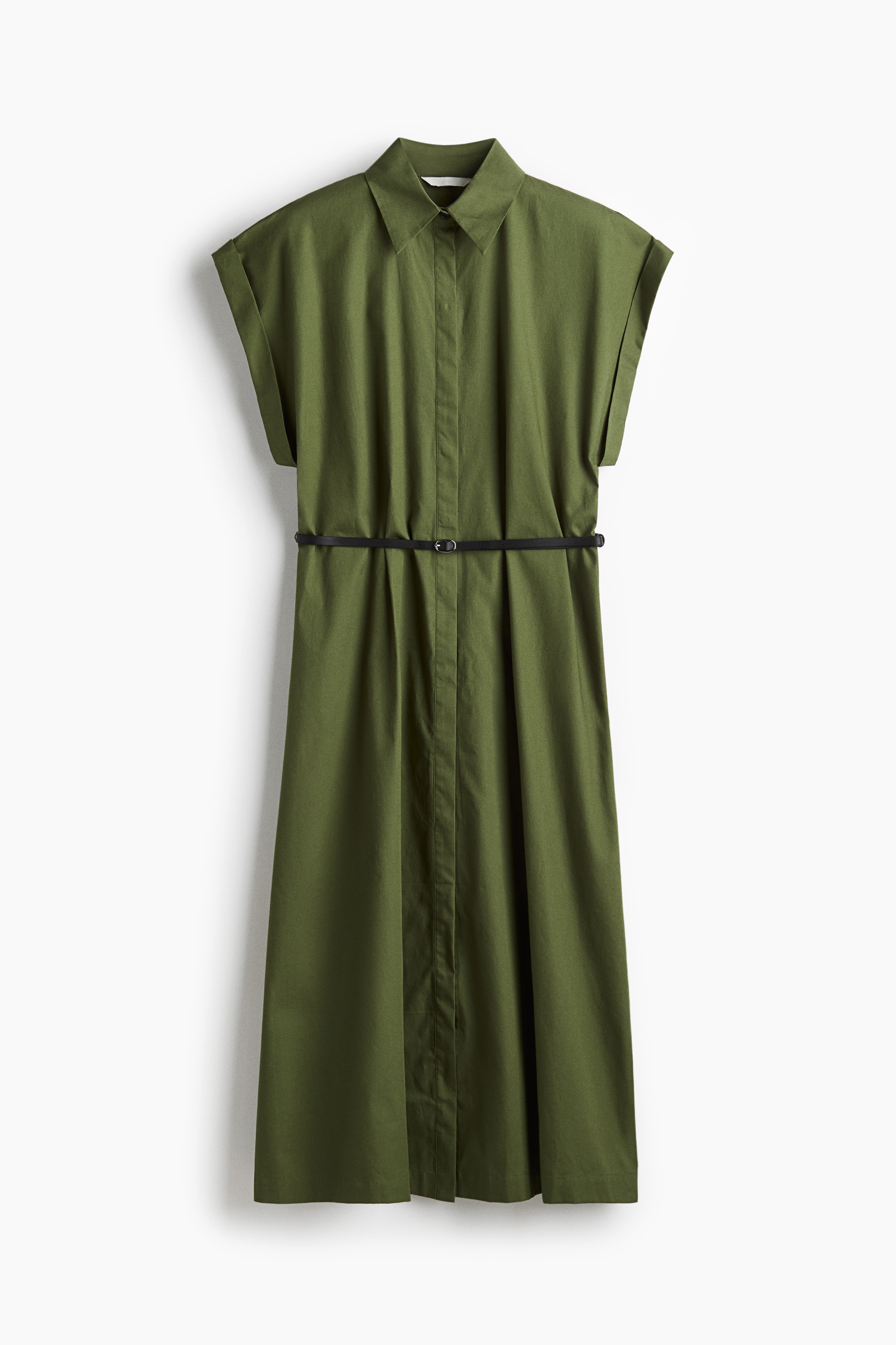Belted Poplin Dress - Green/Light beige/Zebra print