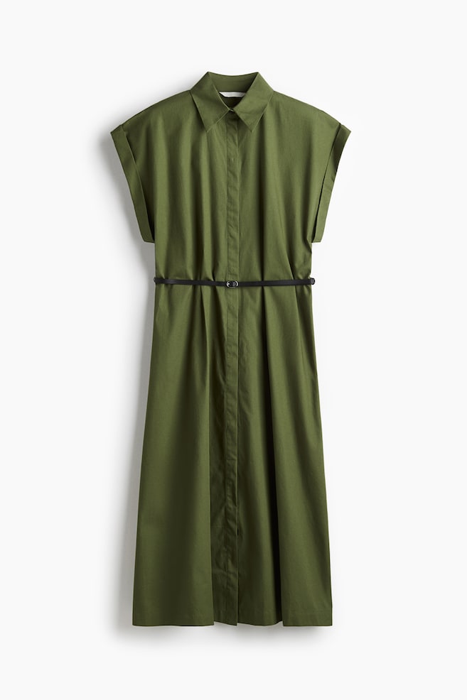 Belted Poplin Dress - Green/Light beige/Zebra print - 1