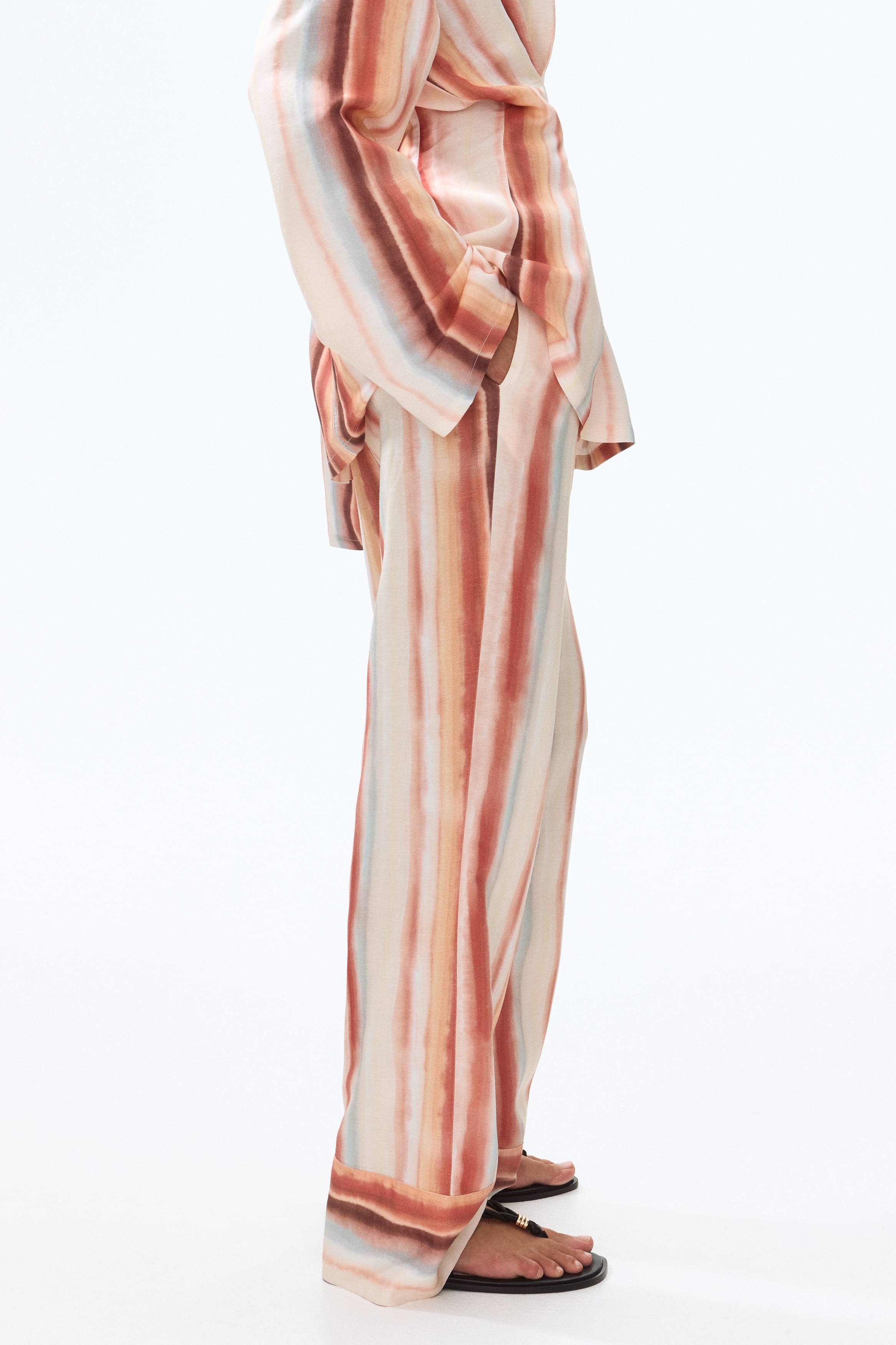 Wide linen-blend pull-on trousers - Peach pink/Striped/Dark brown