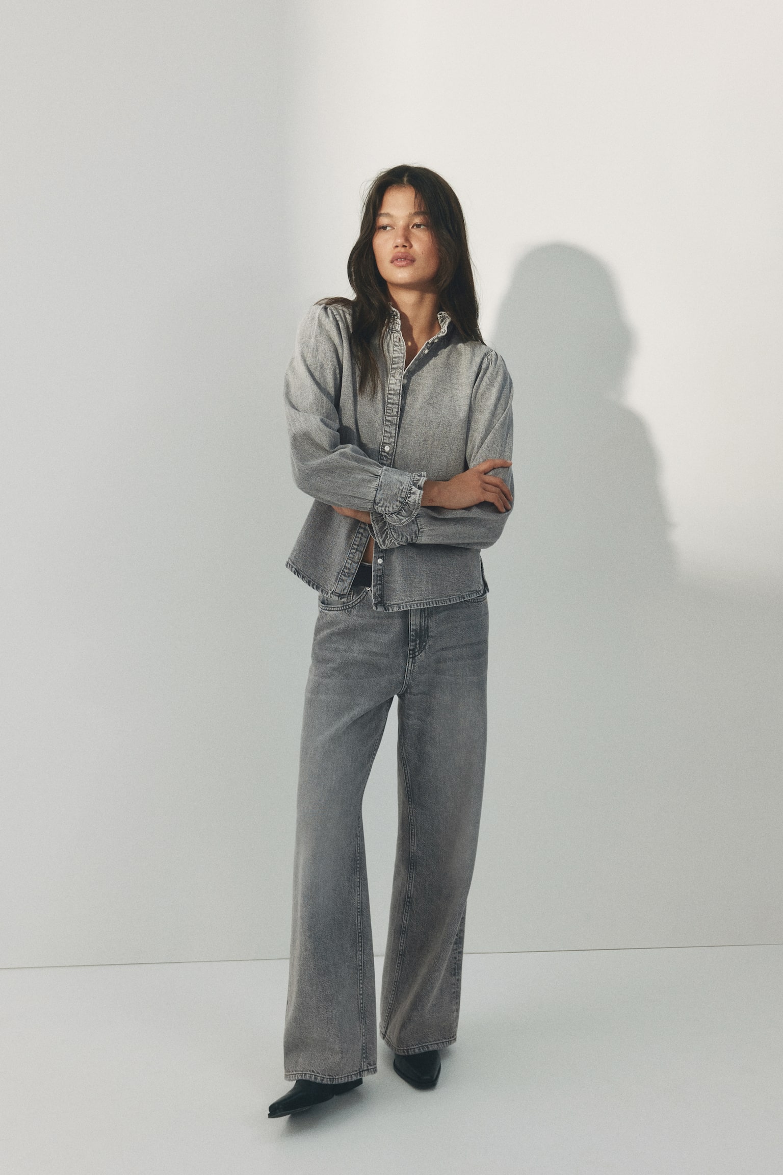 Blouse volantée en denim-Gris - 4