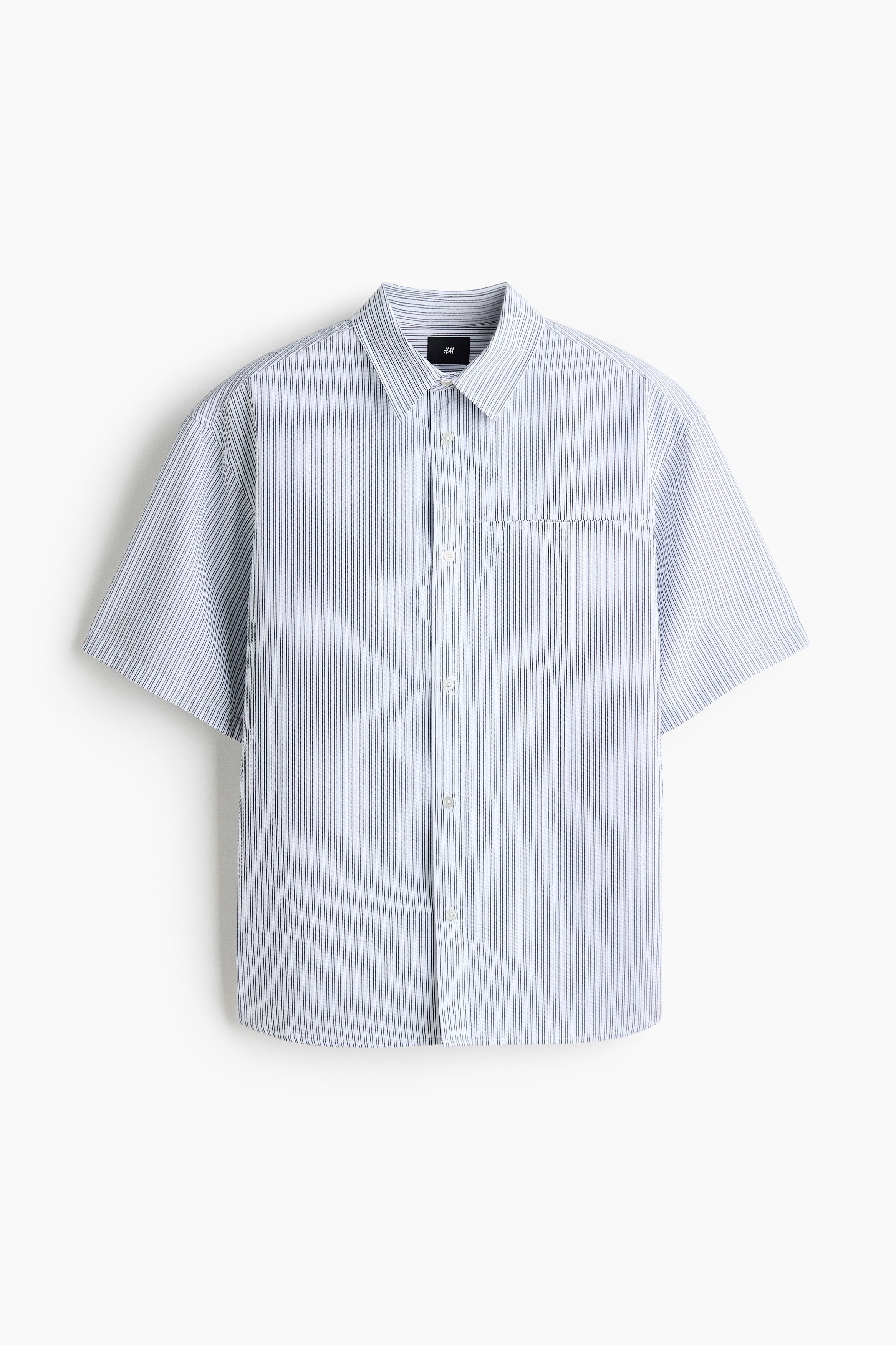 Loose-Fit Short-Sleeved Seersucker Shirt - White/striped/Black/Navy blue/striped