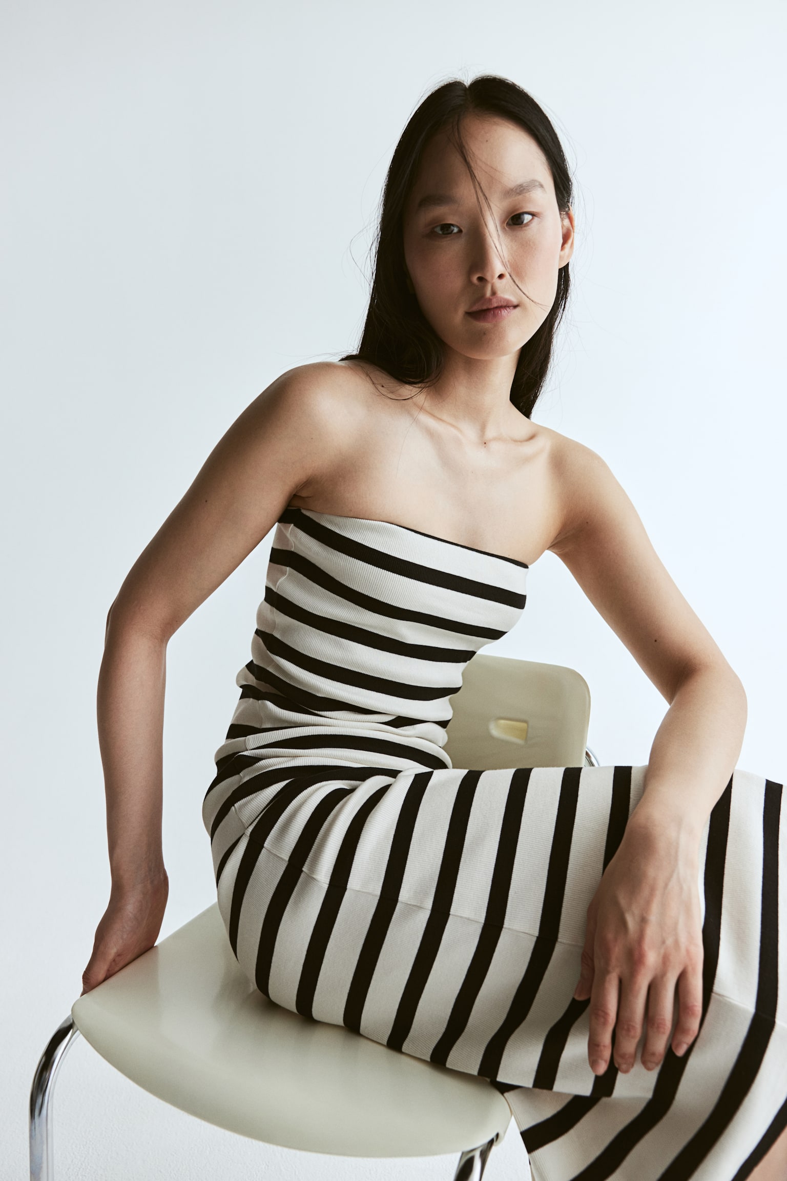 Rib Bandeau Dress - White/Black stripe - 6