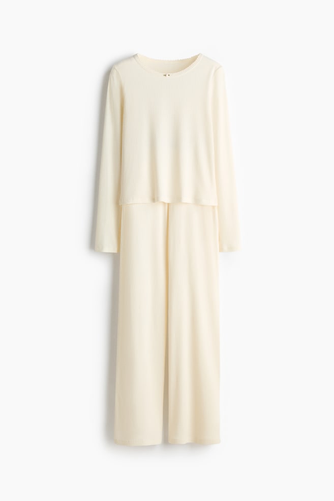 Ribbed jersey pyjamas - Cream/Dark brown/Light pink - 1