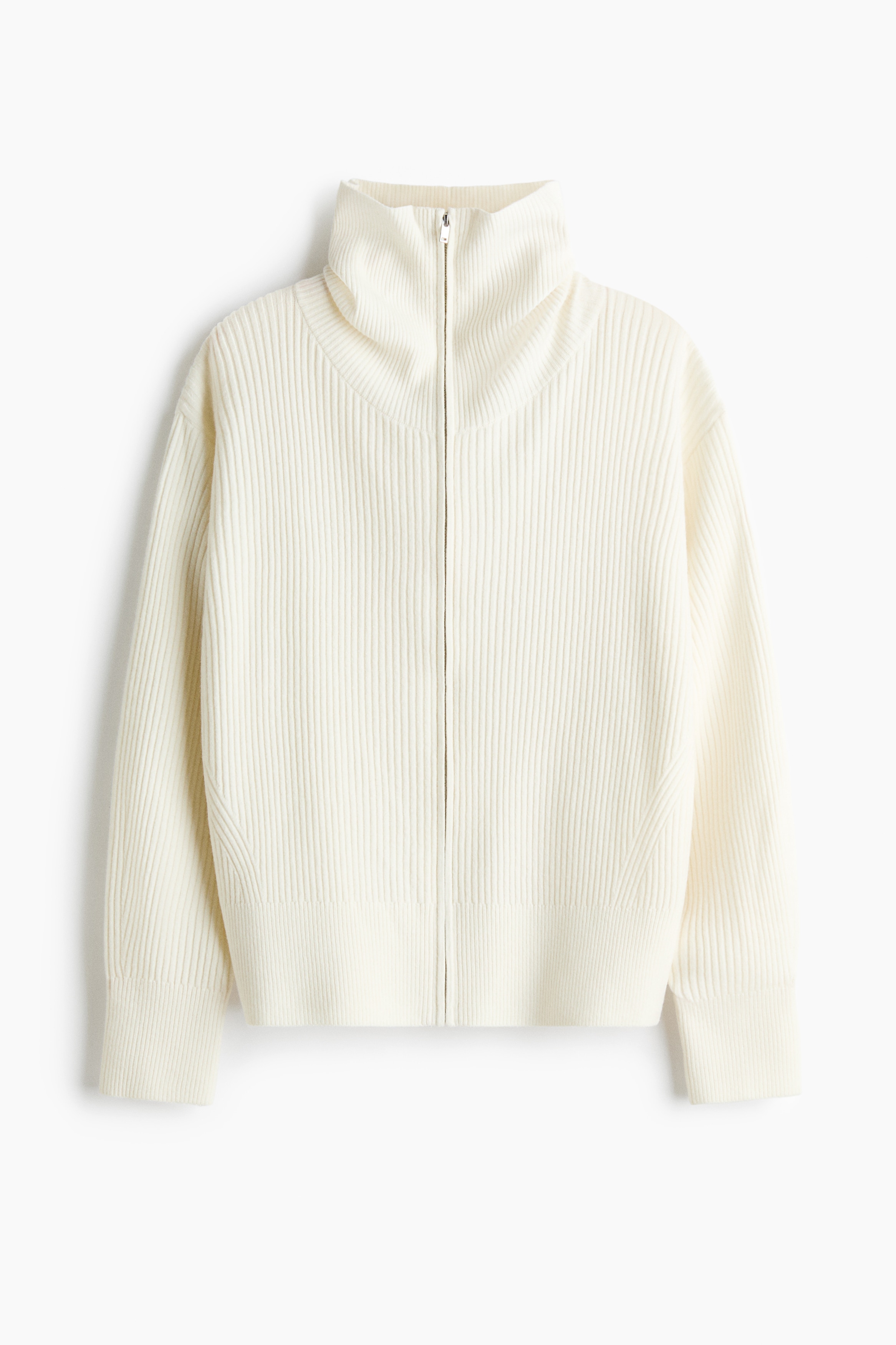 Rib-Knit Cardigan with Zipper - Cream