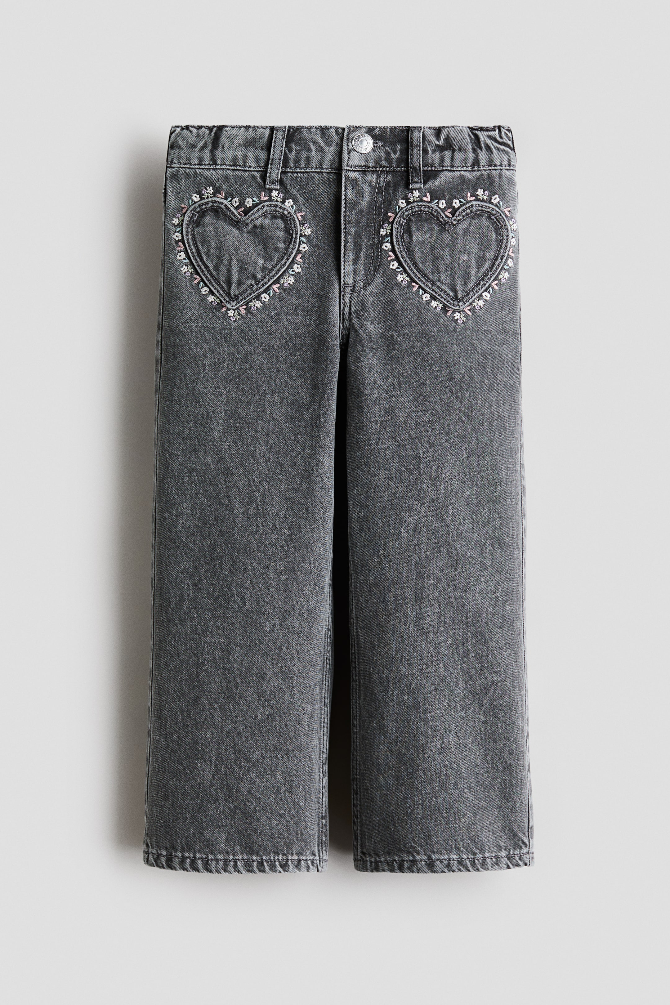 Переглянути збільшене зображення: Wide Leg Loose Fit Jeans - Сірий денім/квіти - Kids | H&M UA 1
