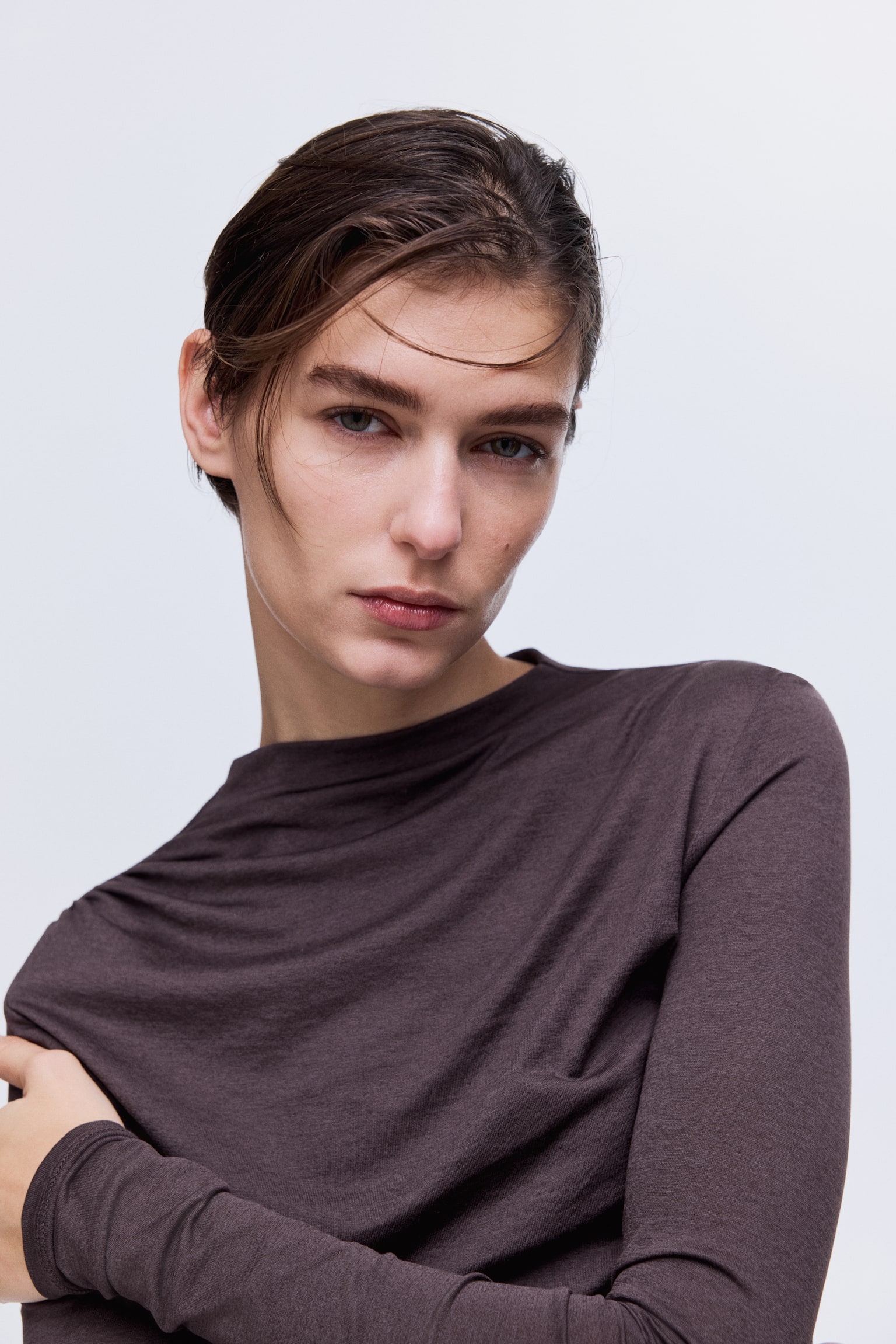 Draped silk-blend top - Truffle grey/Black - 3