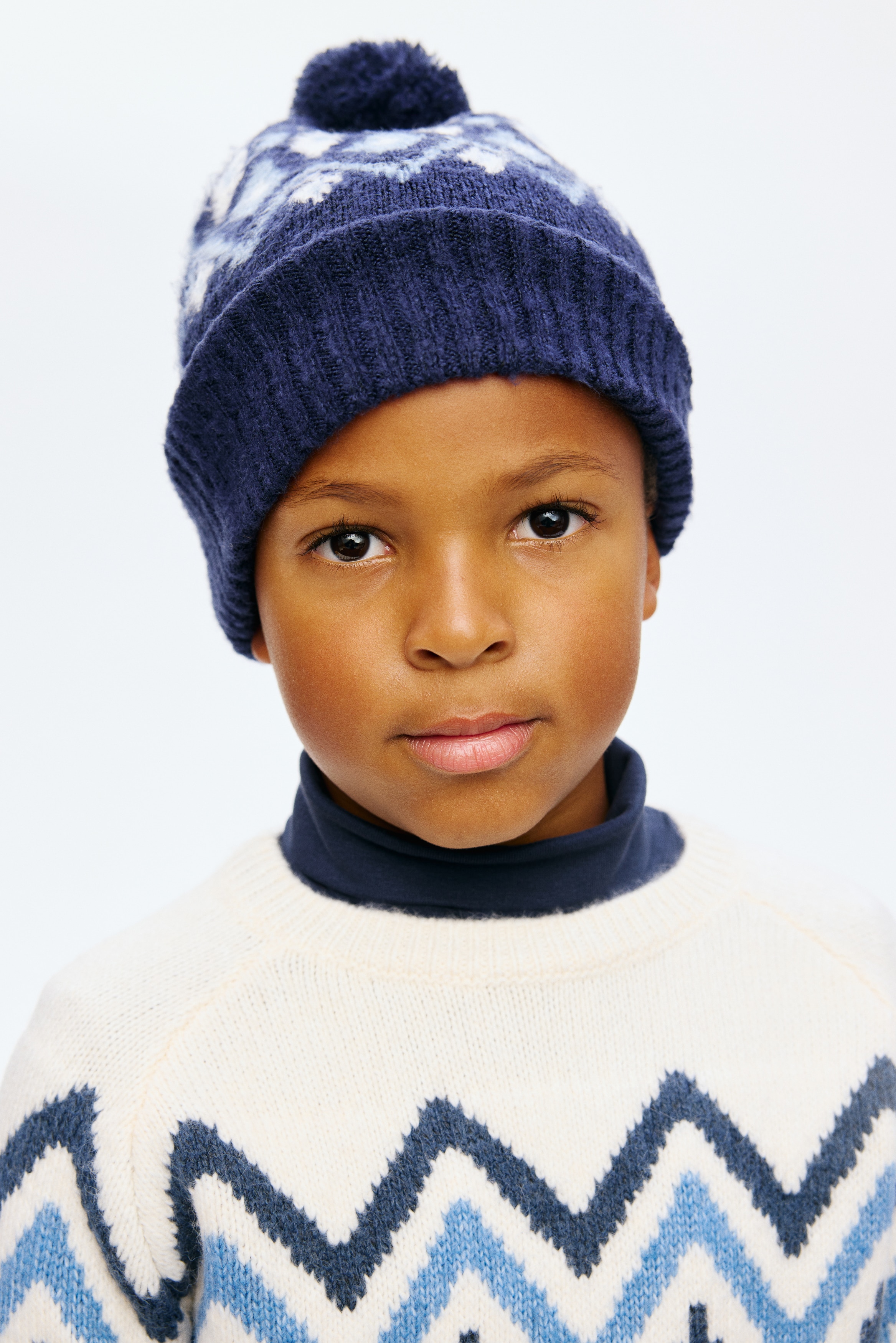 Jacquard-knit pompom beanie - Dark blue - Kids | H&M GB