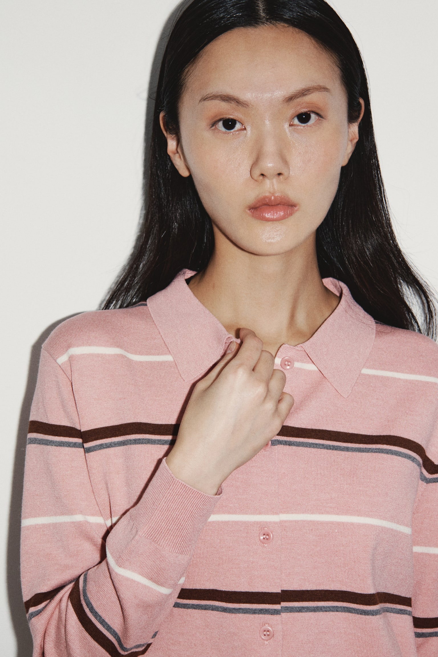 칼라 가디건 - 핑크 멜란지/스트라이프/그레이 멜란지/아가일 패턴 - 1