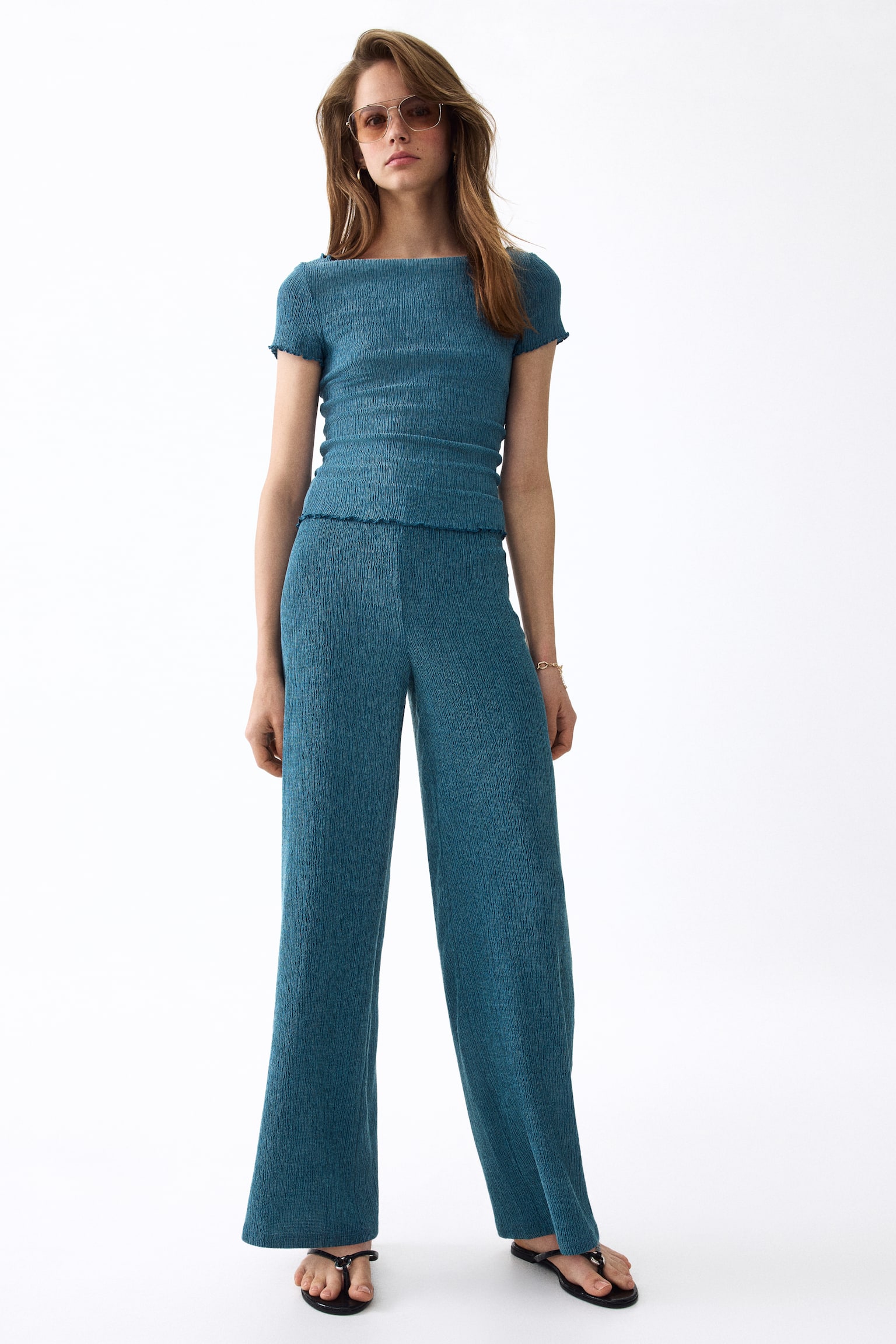 Pantalon en jersey froissé - Turquoise foncé/Gris foncé - 1