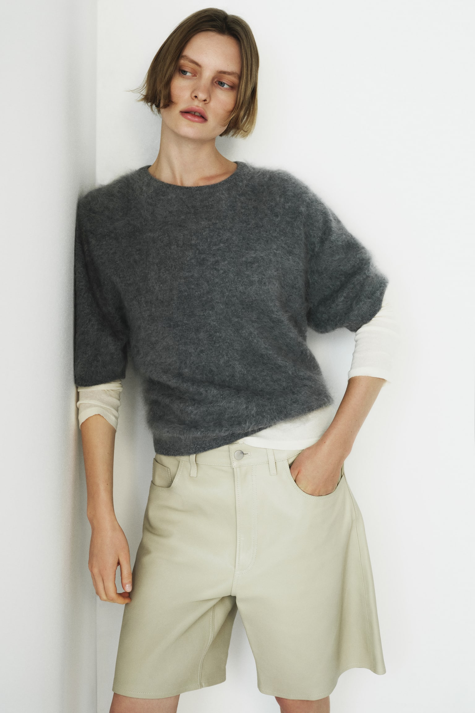 Brushed cashmere top - Grey marl/Dark grey/Cream - 3